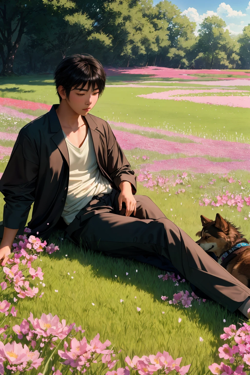 Photorealistic Highly detailed raw 8k photography masterpiece, volumetric lighting and shadows, (Curious asian young man accompanied by resting dog in vast field full of flowers:1.3), Diagonal composition, Innocent gaze, Furry companion, (Flowing grass:1.3), Blue skies, Peaceful setting, Simple joy, (Gentle sunlight:1.2), Delicate washes, Subtle hues, Heartwarming tranquility