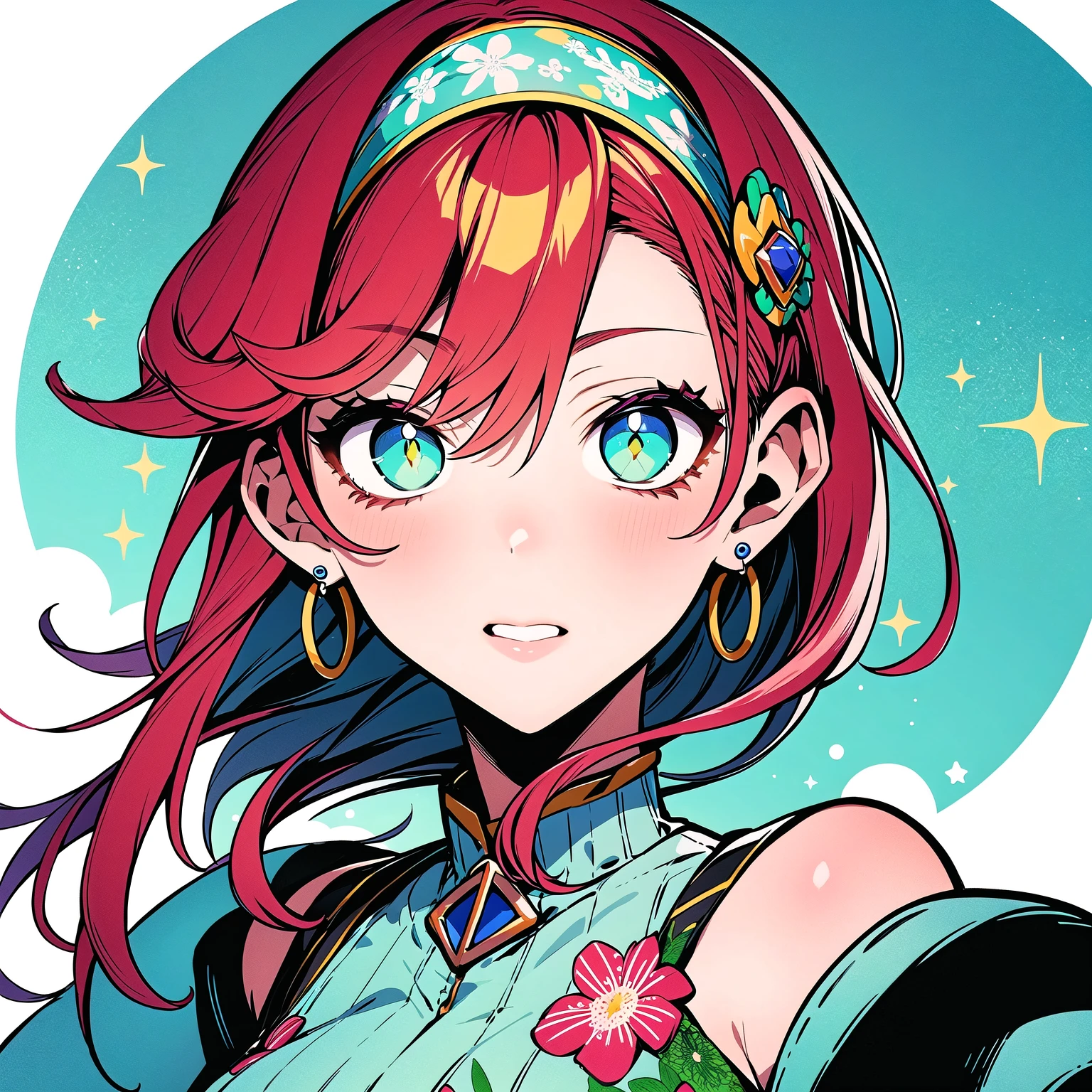 (Masterpiece, best quality), top quality, digital illustration, (8k), insanely detailed, hairband, traditional media, retro artstyle, portrait, upper body, lipstick, shawl, transparent, (red hair:1.1), hair between eyes, short hair with long locks, green eyes,(jewelry, earrings), fantasy, floral dress, glitter, shimmer, (floral print:1.1), (perfect female figure:1.1), mature female, half-closed eyes, cowboy shot, (expressive, dynamic scene:1.1), wind lift, long hair, glowing, 1girl, see-through, (detailed face, detailed eyes:1.2), looking at viewer, (deep depth of field:1.2), sharp focus, dynamic posture, dancing, cowboy shot, (intricate details:1.2), standing, gradient dress, beautiful, stylish, white trim, (extremely detailed), volumetric lighting, full clothed, <lora:TETRA_STYLE:1.2>, shiny