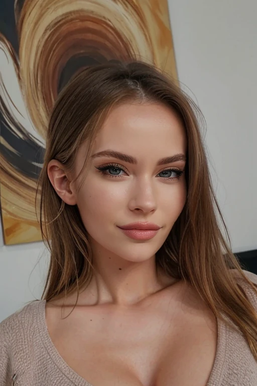 a breathtaking high quality photo of a beautiful blonde woman, <lora:VeronikaAndris_V1:1>, highly detailed face, 8K, masterpiece, posing in front of a large abstract wall art painting