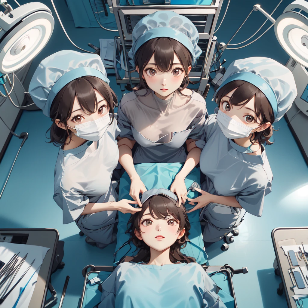 (RAW photo, best quality),  1girl,  view from above, 
operating room, operating table,  multiple girls, surgical mask, surgical hat, detailed face,  (nude:0.5),
surgeons_and_patient <lora:concept_surgeon_and_patient_1_1:1>