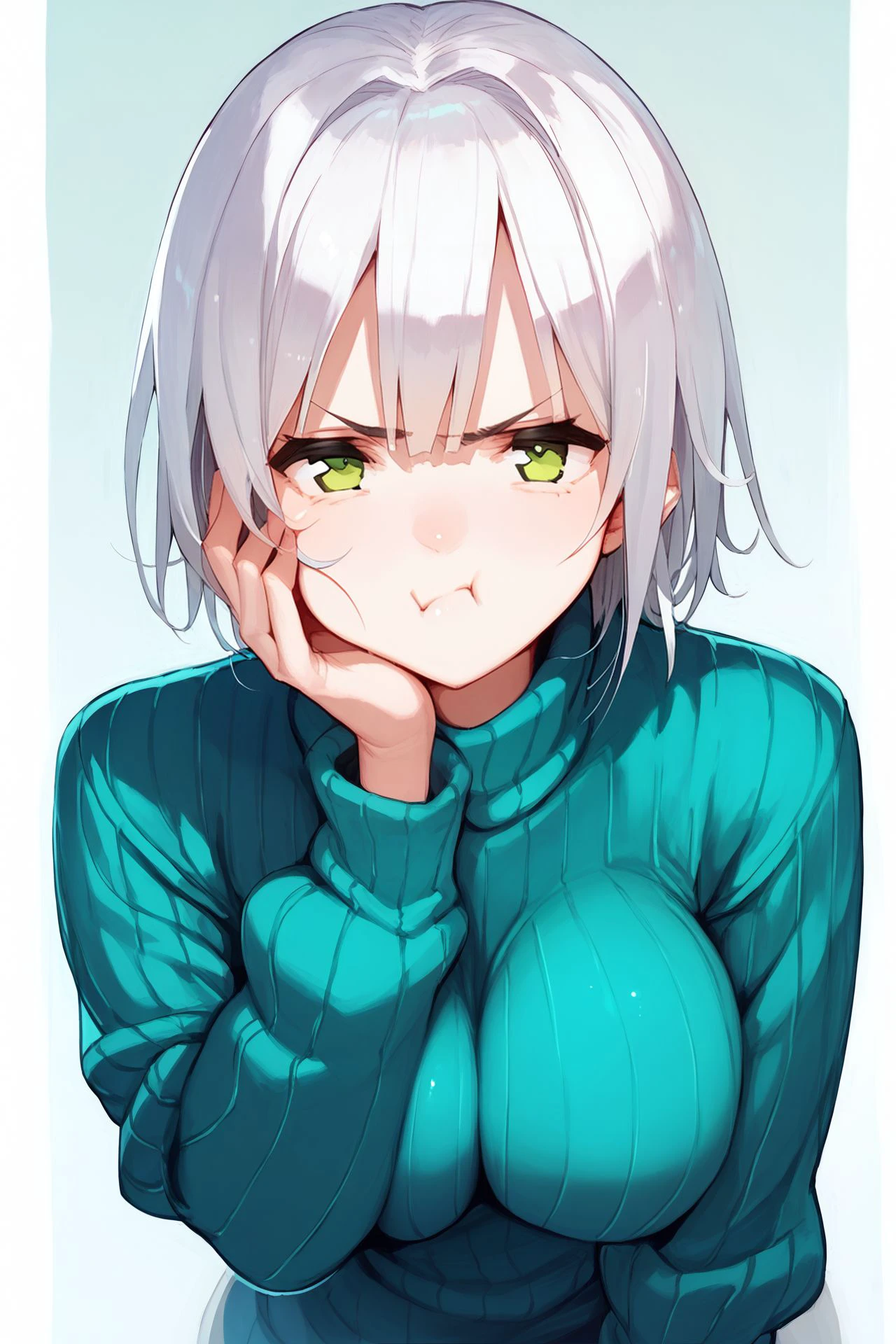 score_9, score_8_up, score_7_up, 1girl, pout, hand on own face, silver hair, hair_intakes, okappa, light_green eyes, large breasts, sweater, beautiful background <lora:Haruno_Shuu_PonyXL_style_v01:1>