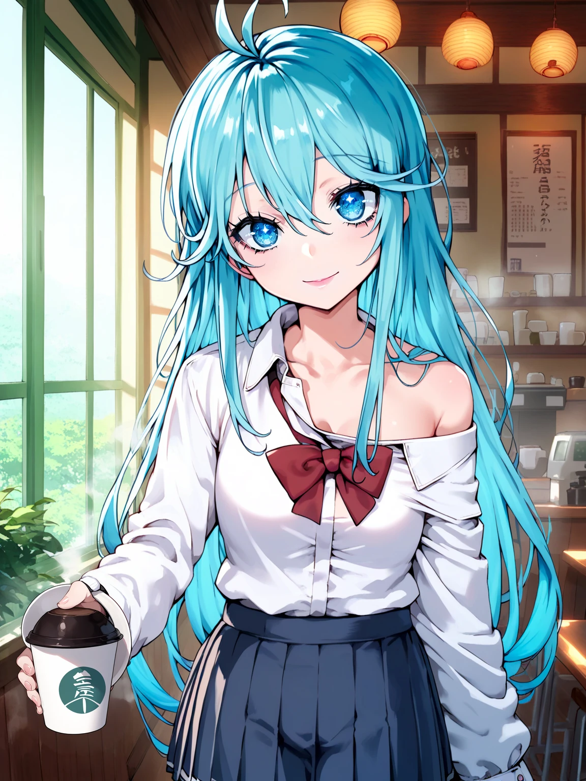 score_9, score_8_up, score_7_up, score_6_up,
source_anime, detailed background,
1girl, solo, cowboy shot, looking at viewer,
indoors, cafe, coffee cup, steam, 
long hair, aqua hair, hair between eyes, sidelocks, ahoge, 
blue eyes, brilliant eyes, tsurime, thick eyelashes, long eyelashes, black eyelashes, 
closed mouth, smile, parted lips, 
small breasts, school uniform, skirt, off shoulder, 
 <lora:touwa_erio_v1:1> touwa_erio_v1,
 <lora:Expressive_H:0.8> Expressiveh, 
<lora:StS_detail_slider_v1:2.5>, 
 <lora:Pony_DetailV2.0:2.5>, 
 <lora:Worldly_XL:0.6>