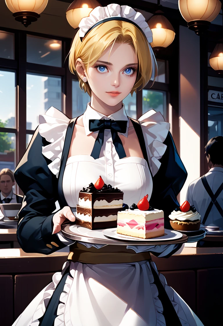 score_9, score_8_up, score_7_up, best quality, intricate details, 1girl,
 <lora:King_aof_v05:1> king aof, blue eyes, short hair, blonde hair, 
maid, maid headdress, cafe, cowboy shot,  holding tray, cake, coffee,