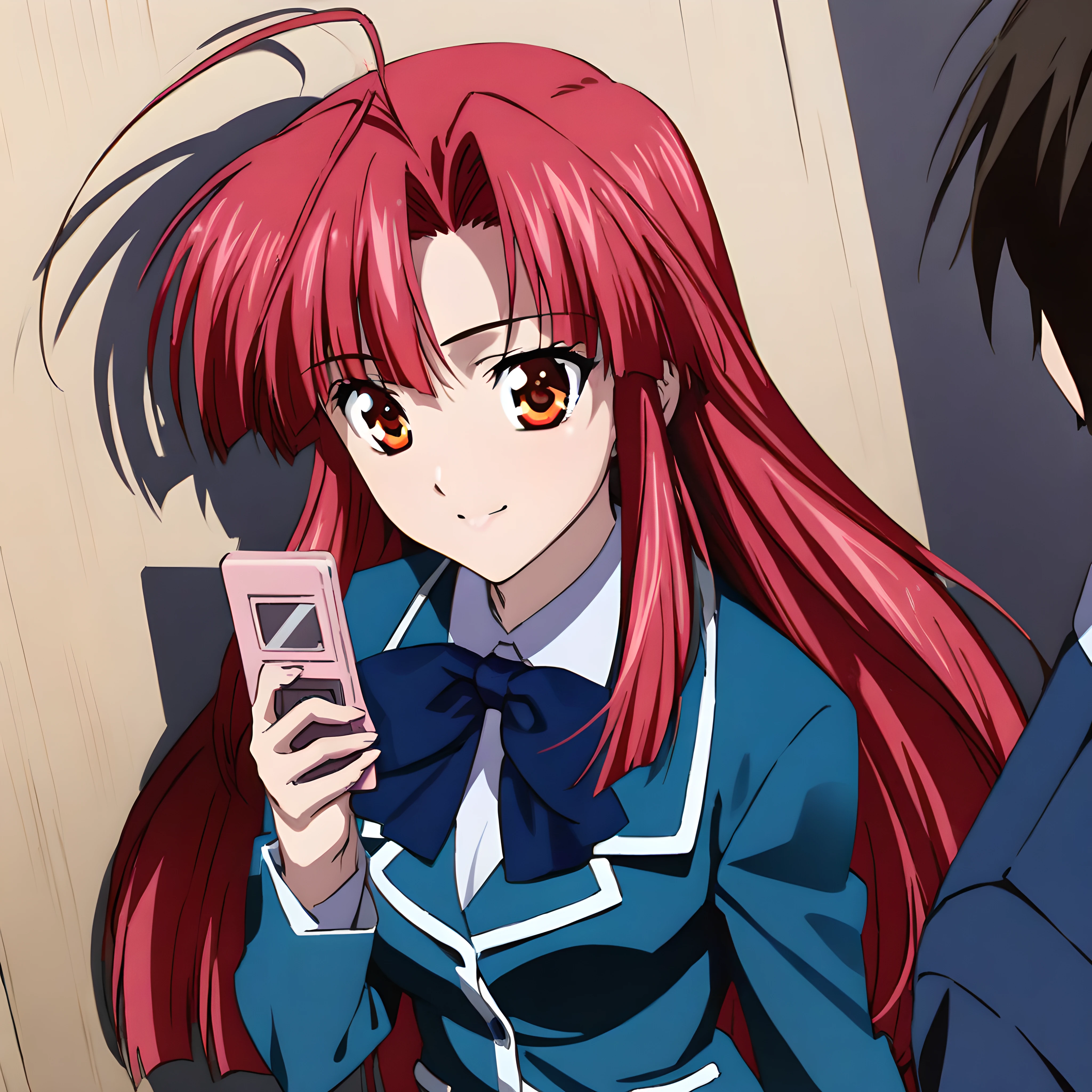 (masterpiece),(best quality),(ultra-detailed),(best illustration),(best shadow),(absurdres),(detailed background),(very aesthetic),ayano kannagi, 1girl, solo, phone, long hair, cellphone, school uniform, red hair, ahoge, smile, bow, schooluni<lora:ayanokannagi-40:1>