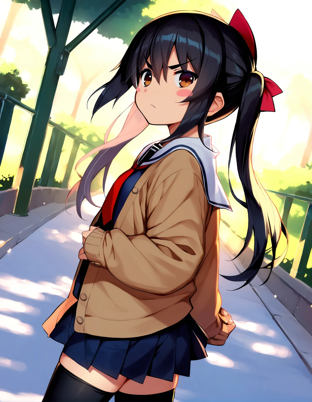 score_9,score_8_up,score_7_up,score_6_up, source_anime, a girl in a park, standing, twintails, hair ribbon, serafuku, pleated skirt, from side, looking at viewer, brown eyes, long hair, black hair, hair between eyes, cardigan, open cardigan, red necktie, blush stickers, <lora:namonashi_style_pony6_v2-000038:1> hair ornament, red bow, bow, hair bow, light frown, jitome, thighhighs, dutch angle,