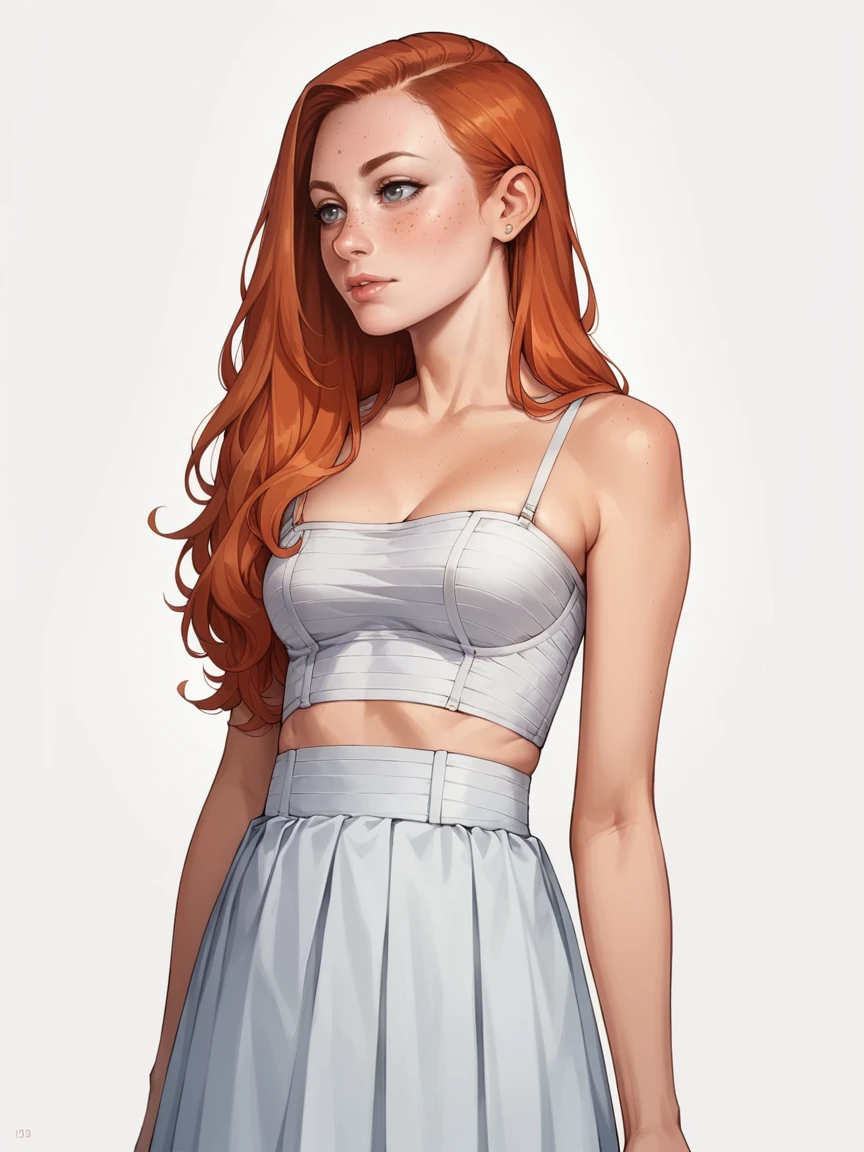score_9, score_8_up, score_7_up, score_6_up, 1girl, long hair, ginger hair, <lora:b0rd3ll3XLP:0.6> b0rd3ll3 crop top, skirt, dress, white background,