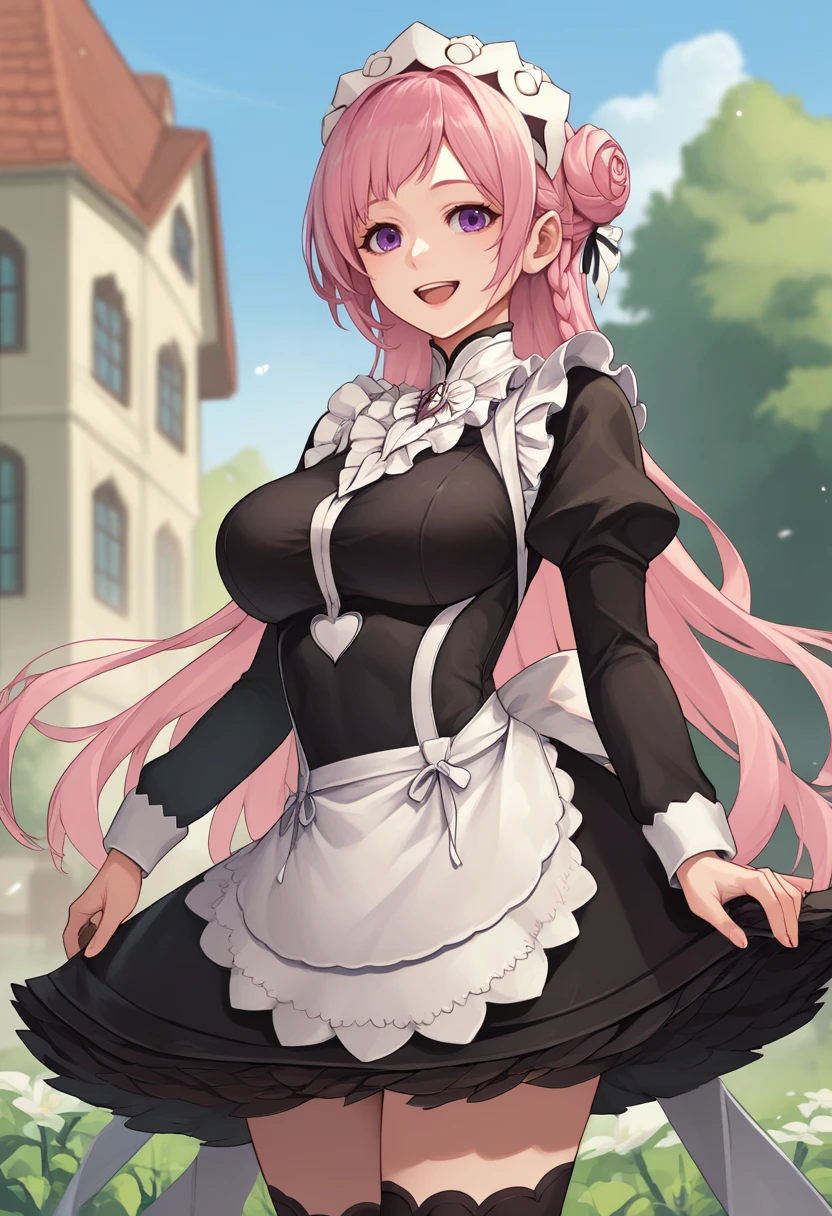 score_9, score_8_up, score_7_up, source_anime, BREAK 1girl, solo, <lora:fatesmaid-fe-richy-v1_pdxl:0.8> fates maid, maid headdress, maid apron, black thighhighs, <lora:dorothy-nikke-richy-v1_pdxl:0.8> dorothyrnd, pink hair, long hair, hair bun, braid, purple eyes, large breasts, standing, outdoors, smile, open mouth,