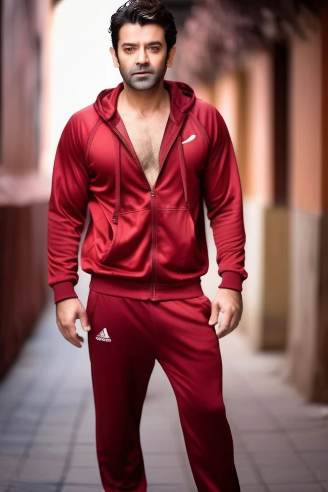 clark gable a man <lora:Barun-Sobti_Clark-Gable:1>, realistic photo in a worn ((red tracksuit)), ((light bokeh)), intricate, (steel metal [rust]), elegant, sharp focus, photo by greg rutkowski, soft lighting, vibrant colors, (masterpiece), ((streets)), (detailed face), looking at viewer, light smile, night, walking towards viewer, cinematic lighting, beautiful lighting, cinematic lighting, (hazy filter, film grain:1.2)