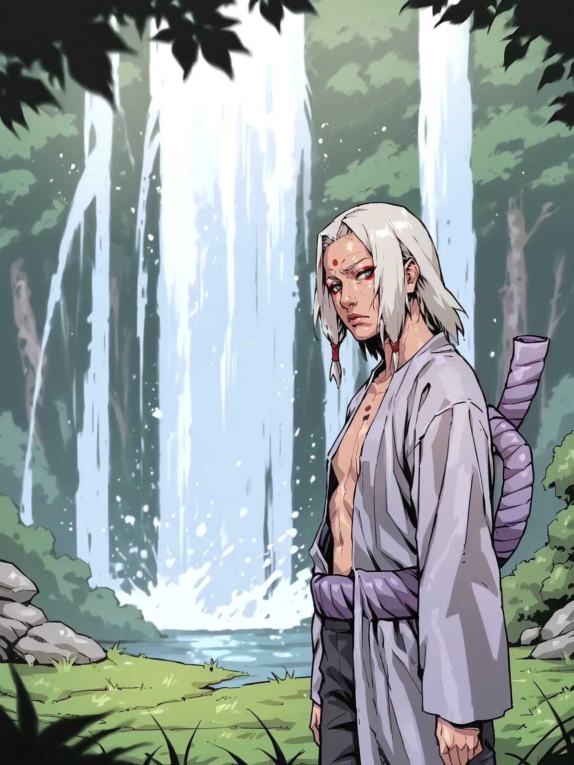 <lora:Naruto_r1:0.8>, <lora:k1m1maro:0.8>, ninja, k1m1maro, green eyes, red eyeliner, forehead mark, white hair, long hair, tan tunic, very long sleeves, purple rope belt, pants, open clothes, standing on grass, forest, river, waterfall background, day, from side, upper body,<lora:SeungEunKim:0.8>, score_9, score_8_up, score_7_up