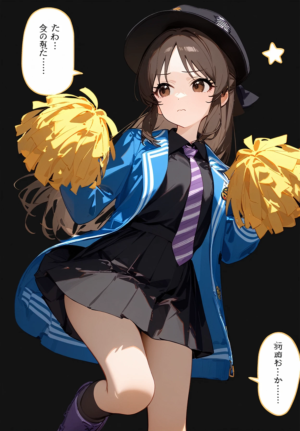 1girl,
tachibana arisu, idolmaster,
open jacket, speech bubble, closed mouth, black background, long hair, hat, tachi-e, full body, parted bangs, simple background, dot nose, open clothes, black hat, brown eyes, hand up, boots, tengu, black socks, black shirt, looking to the side, long sleeves, solo, black skirt, star \(symbol\), socks, arm behind back, frown, pleated skirt, blue jacket, kneehighs, pom pom \(cheerleading\), alternate costume, purple necktie, shirt, necktie, brown hair, jacket, skirt, wavy mouth, standing, purple footwear, half updo,
masterpiece, newest, absurdres, safe
<lora:2080ti_ag31_tachibana_arisu-000007:1> <lora:a31_style_koni:1>