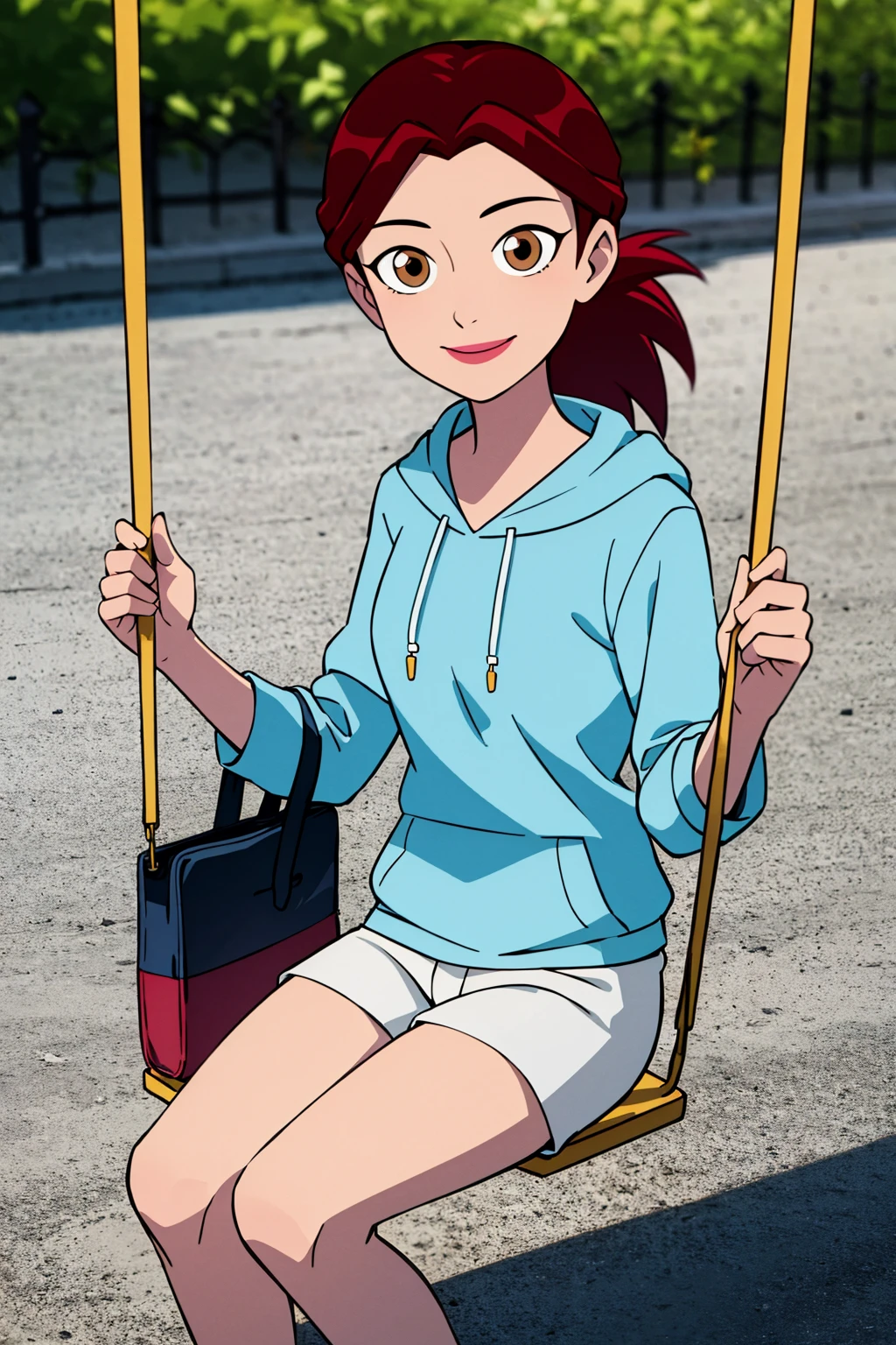 8k,highres, masterpiece,best quality,barbara,solo,swing in park,red hair,ponytail,brown eyes,lipstick,blue hoodie, ,white shorts,smile,closed mouth,,masterpiece,best quality