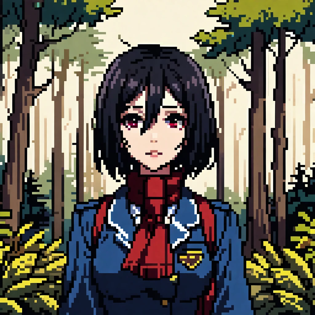 1girl, mikasa ackerman, facing at viewer, wearing highschool uniform, forest background, upperbody  <lora:AziibPixelArtXL_Anime:0.8>