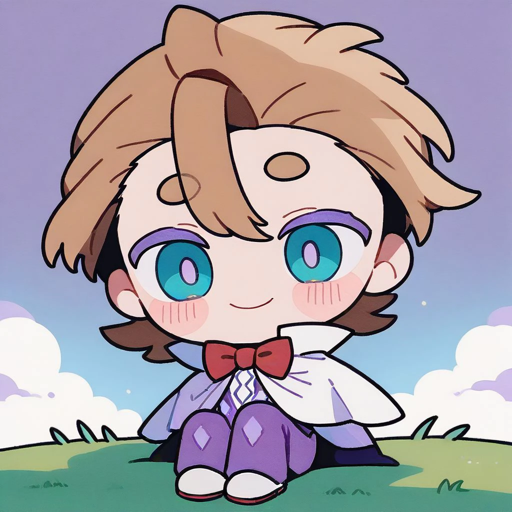 score_9,score_8_up,score_7_up,score_6_up,score_5_up,score_4_up, solo, sitting, outdoors, grass, on grass, smile, looking at viewer, 1boy, male focus, light brown hair, blue eyes, purple shirt, red bowtie, white cape, purple pants, inner frills, white gloves, white footwear