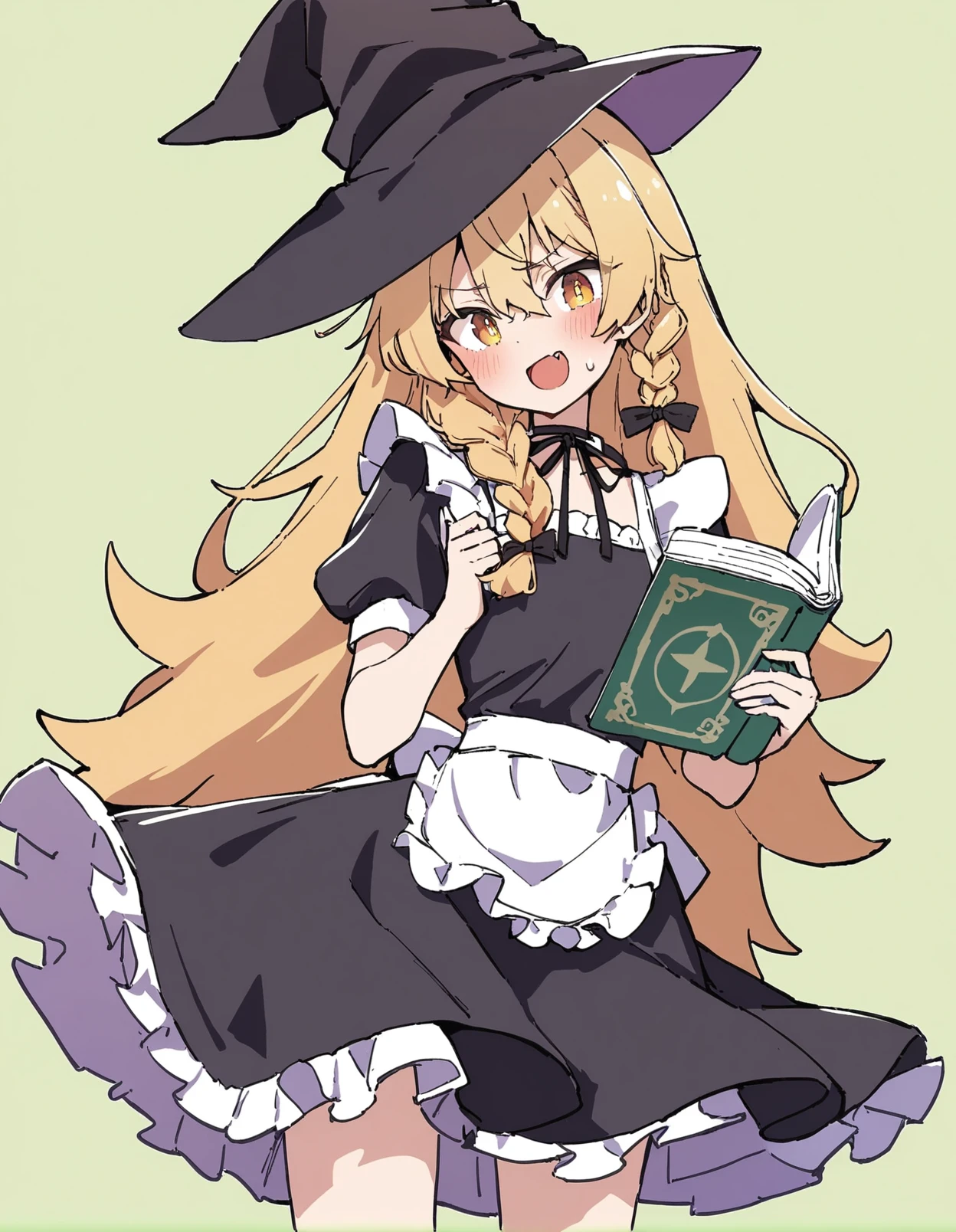 1girl, 
kagawa yuusaku, 
standing, smile, puffy short sleeves, frills, black headwear, mini hat, green background, holding, choker, fang, puffy sleeves, frilled dress, hat, sweatdrop, frilled sleeves, black ribbon, blonde hair, witch hat, blush, :d, cosplay, yellow eyes, hair between eyes, kirisame marisa \(cosplay\), open mouth, simple background, braid, apron, holding book, ribbon, long hair, single braid, black dress, waist apron, hair bow, ribbon choker, dress, short sleeves, bow, side braid, book, 
masterpiece, best quality, newest
 <lora:kagawa_yuusaku_image239_2024-03-28_a31-000018:1>