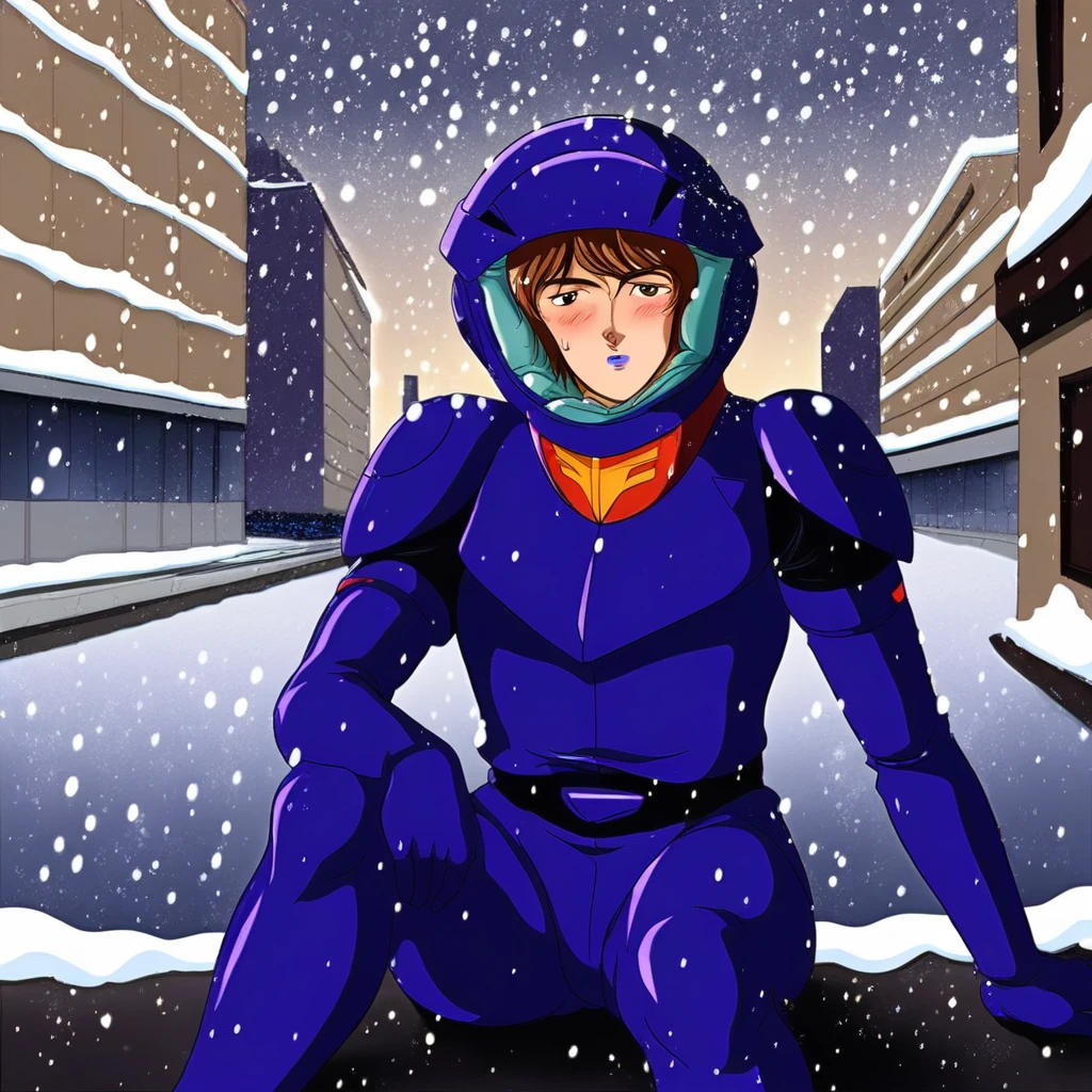 rezin schneider, blue space helmet,brown short hair, blue lips,blue pilotsuit,sitting,solo, snow, snowing, snowflakes, outdoors, street, city, buildings, blush, looking at viewer, cowboy shot, colorful, vivid