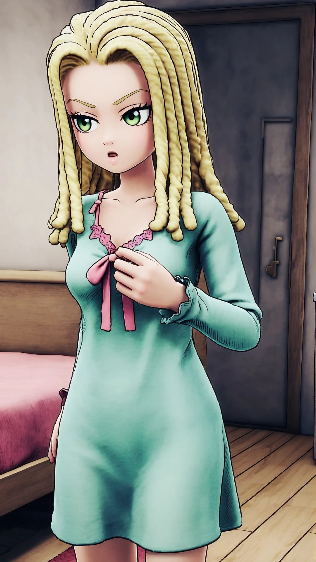 Ann, blonde hair, reggae hair style, shoulder length hair, green eyes, nightgown, in bedroom<lora:EMS-369407-EMS:0.700000>