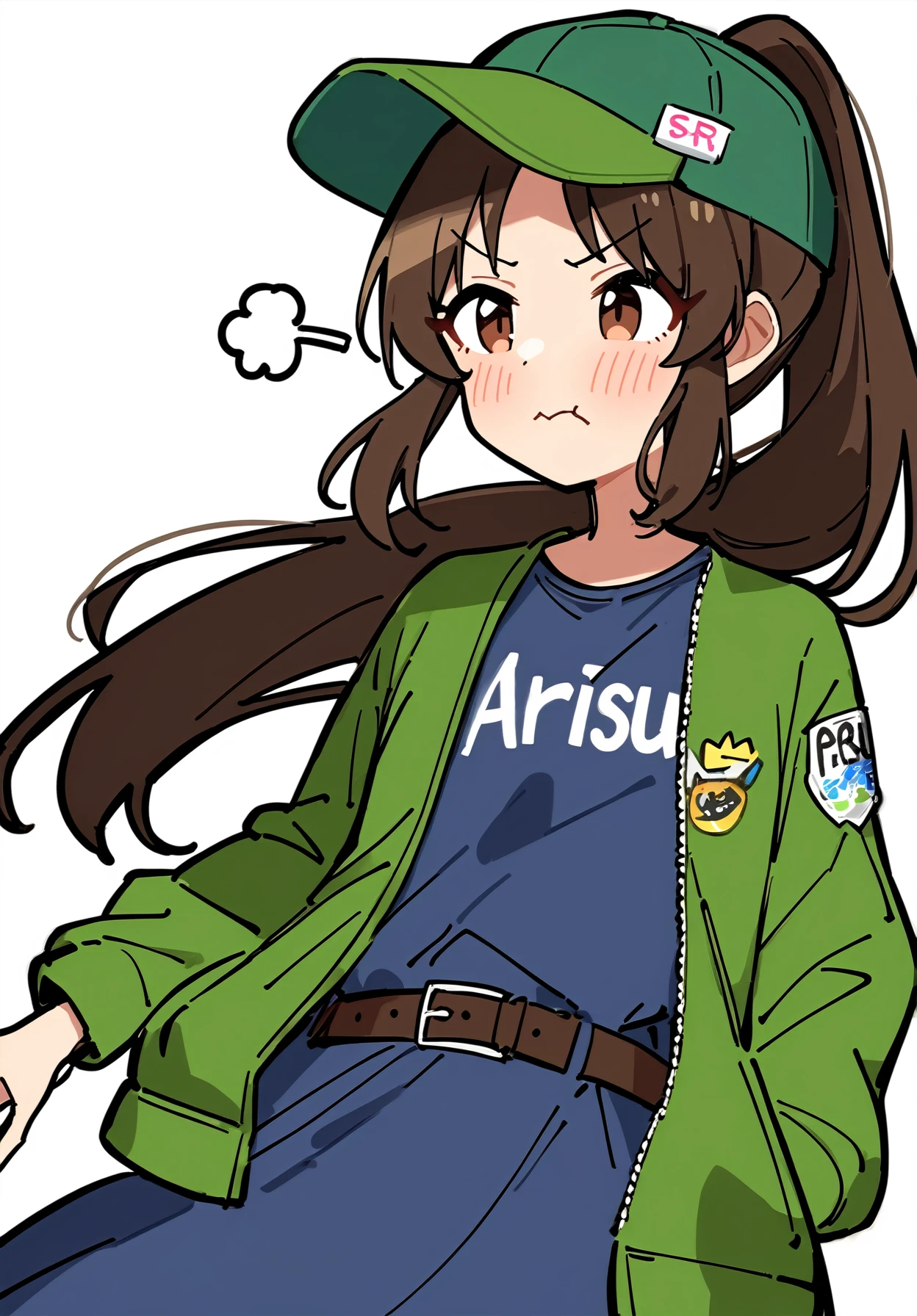 1girl,
tachibana arisu, idolmaster,
standing, brown eyes, clothes writing, hat, v-shaped eyebrows, solo, dress, long sleeves, puff of air, name tag, hands in pockets, blue dress, character name, baseball cap, blush, jagariko, parted bangs, sneer, simple background, looking to the side, ponytail, long hair, cowboy shot, belt, closed mouth, white background, brown hair, :s, casual, angry, green jacket, jacket,
masterpiece, newest, absurdres, safe
<lora:2080ti_ag31_tachibana_arisu-000007:1>
