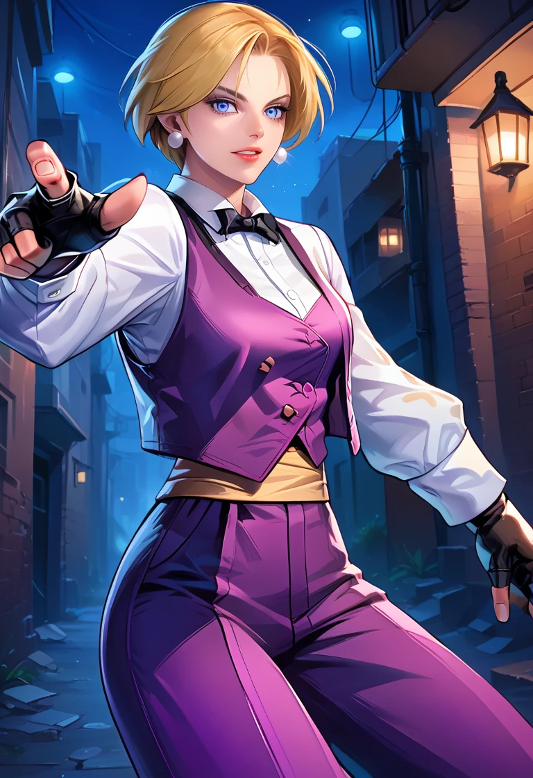 score_9, score_8_up, score_7_up, best quality, intricate details, 1girl,
 <lora:King_aof_v05:1> king aof, blue eyes, short hair, blonde hair, 
bowtie, collared shirt, fingerless gloves, high-waist pants, long sleeves, purple suit vest
fighting stance, half-closed eyes, concentrating, dark alley, night,