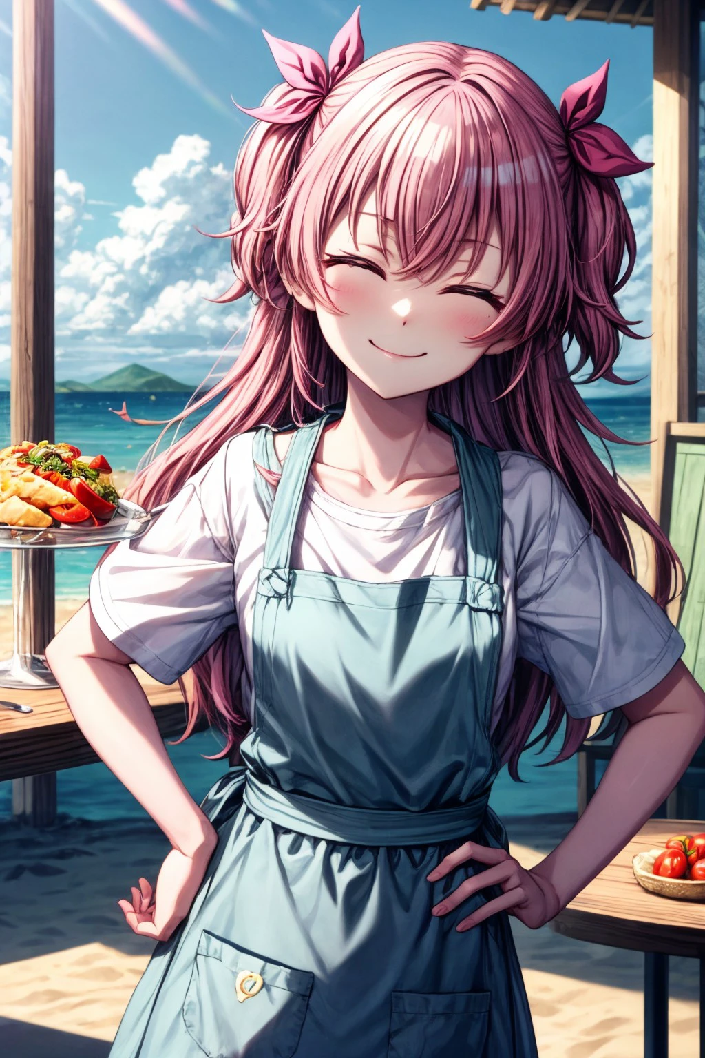 (masterpiece), best quality, expressive eyes, perfect face, momoiairi, solo, smile, shirt, bow, ribbon, holding, closed mouth, collarbone, closed eyes, hair ribbon, white shirt, short sleeves, food, solo focus, day, apron, two side up, cup, hand on hip, facing viewer,  tomato, table, beach, <lora:more_details:0.7>, <lora:467db6ec-1de0-4b31-8c85-1445e8d6ebdd:0.7>