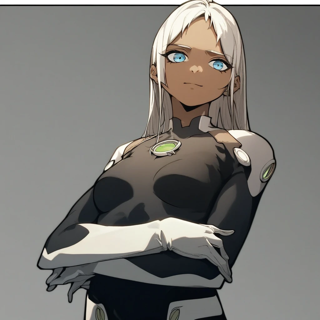 score_9, score_8_up, score_7_up, score_6_up, situliu, situ_liu, DemonicEvolution, 1girl, solo, long hair, medium breasts, looking at viewer, blue eyes, gloves, closed mouth, white hair, white gloves, dark skin, bodysuit, crossed arms, black bodysuit, standing, smiling,