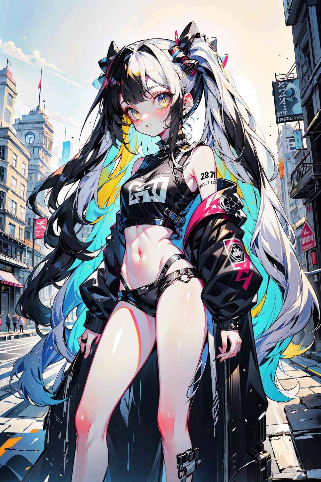 ((best quality, masterpiece, absurdres, super-resolution)), 1girl, super long hair, (street photography), Punk Fashion, Black, White <lora:CMYK-CORE_v1.0:1>