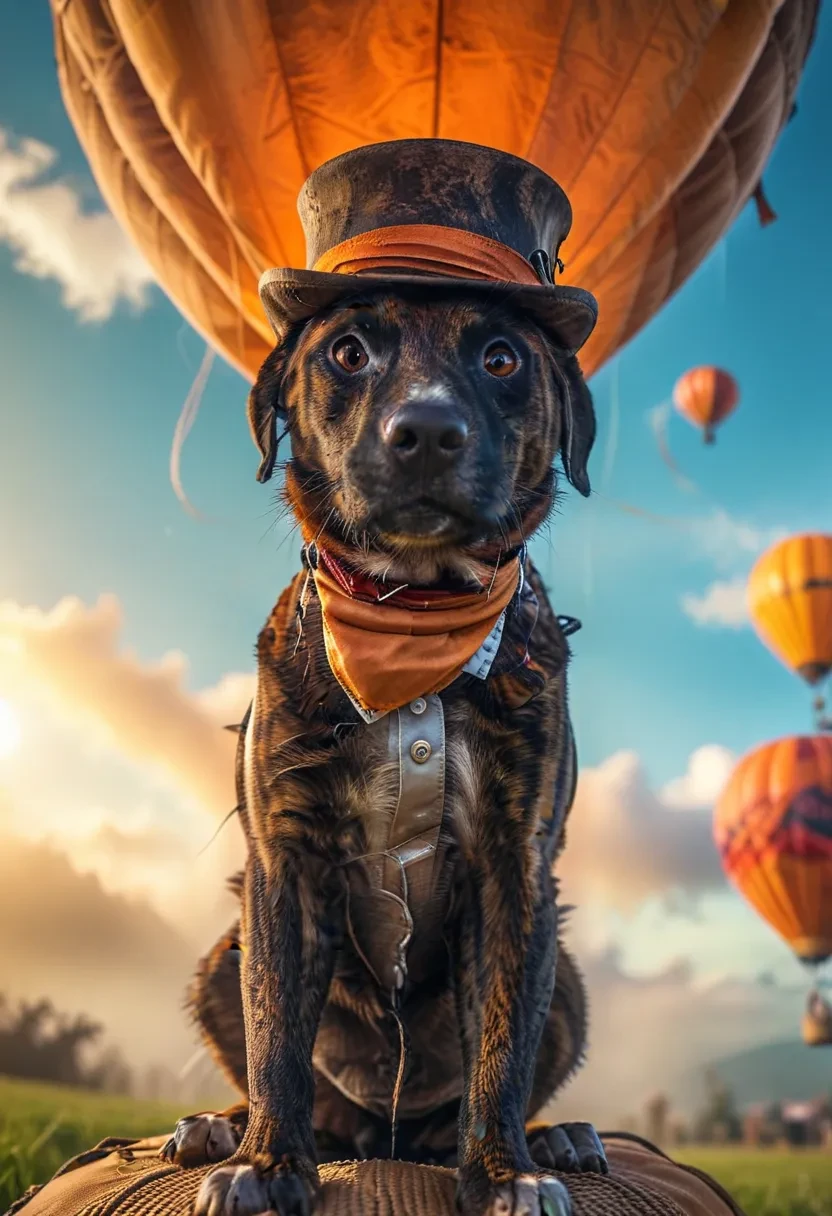 professional digital illustration, low angle (fisheye lens:1.3), a  Brown Catahoula  wearing a velvet top hat, riding in a orange hot air balloon, looking up, vibrant vivid color, misty atmosphere, surreal beauty, HDR, 4k, award winning, insane detail, cinematic lighting, bokeh, warm vignette, steampunk style <lora:Brown Catahoula Dog XL_epoch_3:1>  <lora:MJ52:0.3>  <lora:add-detail-xl:0.3>