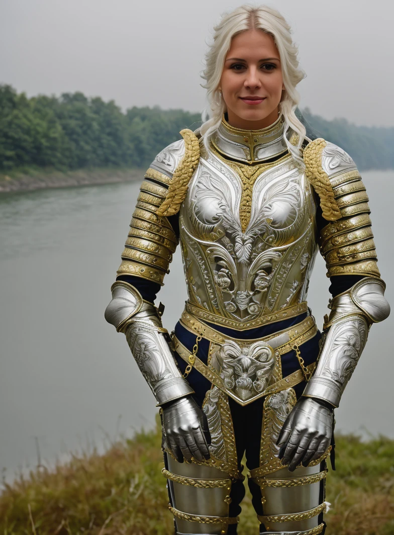 RAW photo, subject, 8k uhd, dslr,  high quality, film grain, Fujifilm XT3, professional photo, (detailed skin:1.3), high quality,     <lora:Ornamental_Armor:0.7> , ornamental armor, metal armor, ornamental breastplate, woman, full body, french braid, white hair, ornamental gauntlets, medium hair, ornamental wings, full body, sunlight, river in the distance, fog, gold trim, reflective armor,