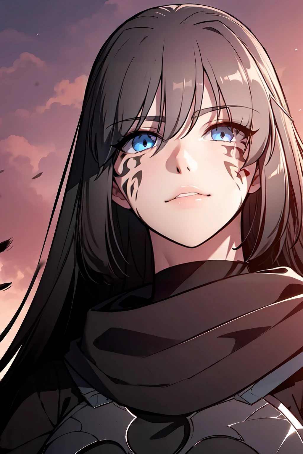 masterpiece, best quality, 1girl, solo, <lora:Dark_Teresa:0.7> thg-teresa, long hair, black hair, blue eyes, facial mark, BREAK armor, black scarf, upper body, portrait