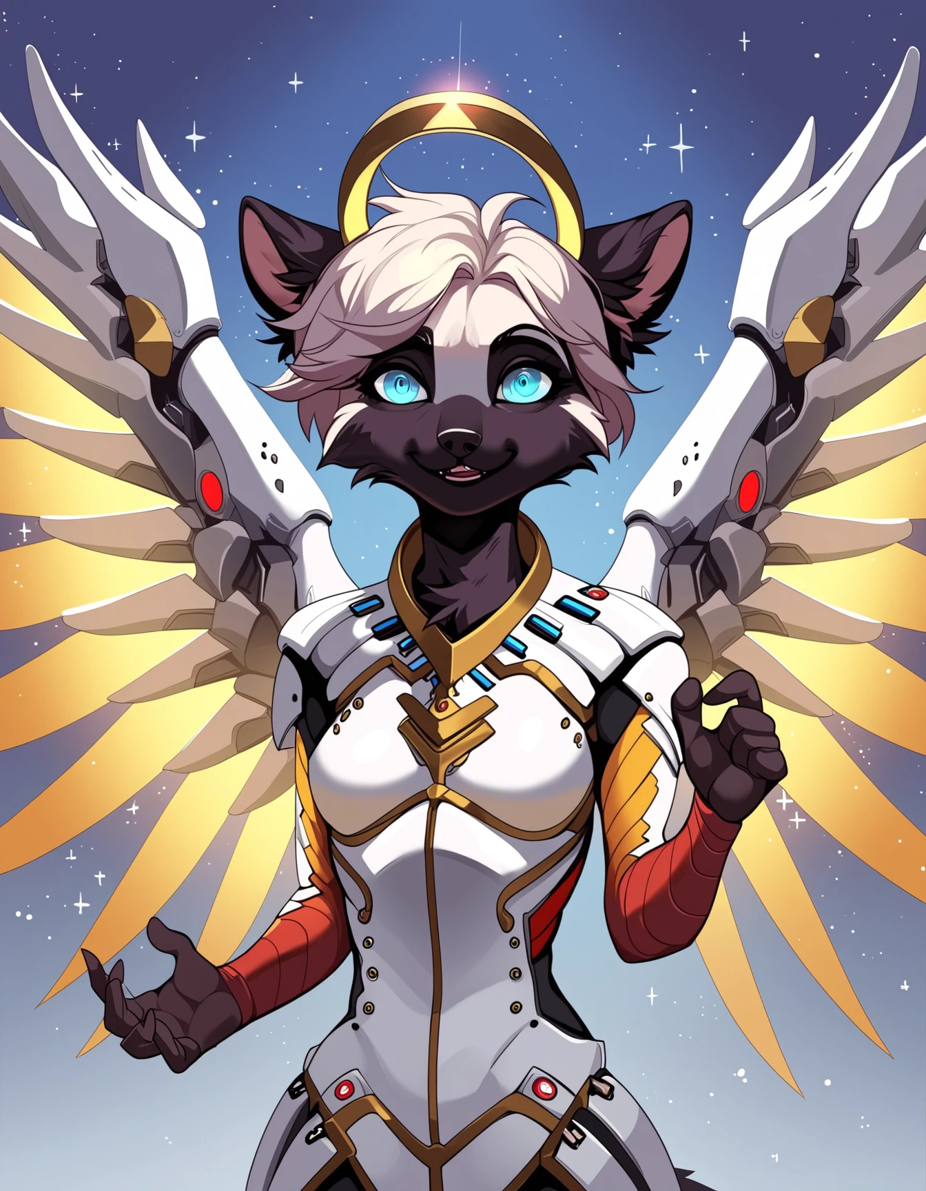 score_9, score_8_up, score_7_up, score_6_up, score_5_up, score_4_up,  
mercy, white armor,glowing wings,halo, source_illustration, score_9,  close up, (sourse_furry:1.2), (lemur, girl:1.1), gold fur, (toned body:1.2), thin, slender, short hair, (small breast:1.2), (chest fur:1.1), furry limbs, marble skin, (small head:1.3), sci-fi armor, white body armor, 
jumping,
Magic winds,  blue eyes, glowing eyes,
zeus temple, lightnings, f3nn3r, colourful, pink, blue, black, red, (trippy:1.3), rating_safe