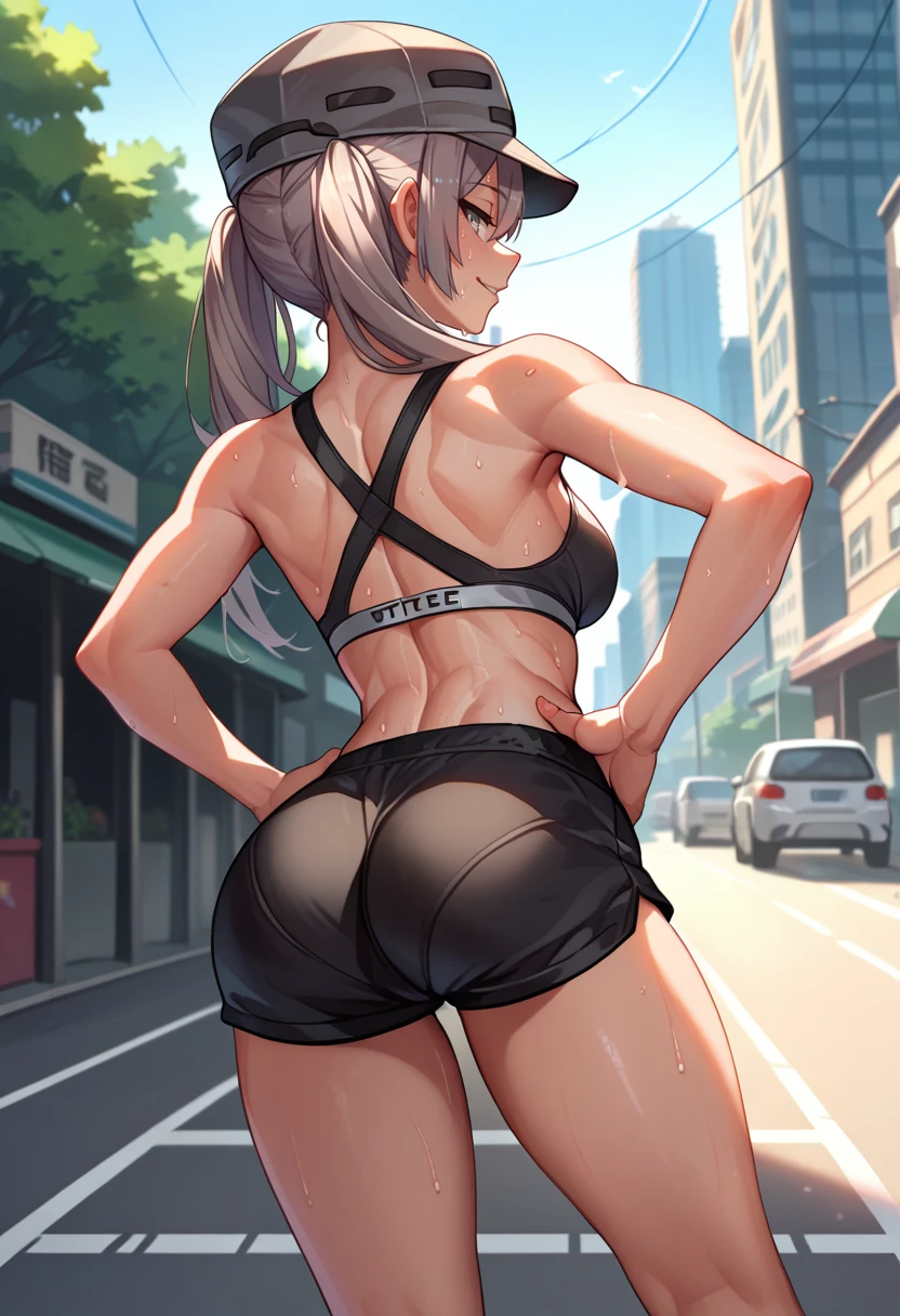 score_9, score_8_up, score_7_up, source_anime, from behind, solo, 1girl, mtskeleton, sweat, seductive smile, looking back, hands on own hips, grey hair, twintails, hat, grey eyes, black sports bra, black shorts, ass, outdoors, city street <lora:mobtalker_skeleton_ponyXL:1>