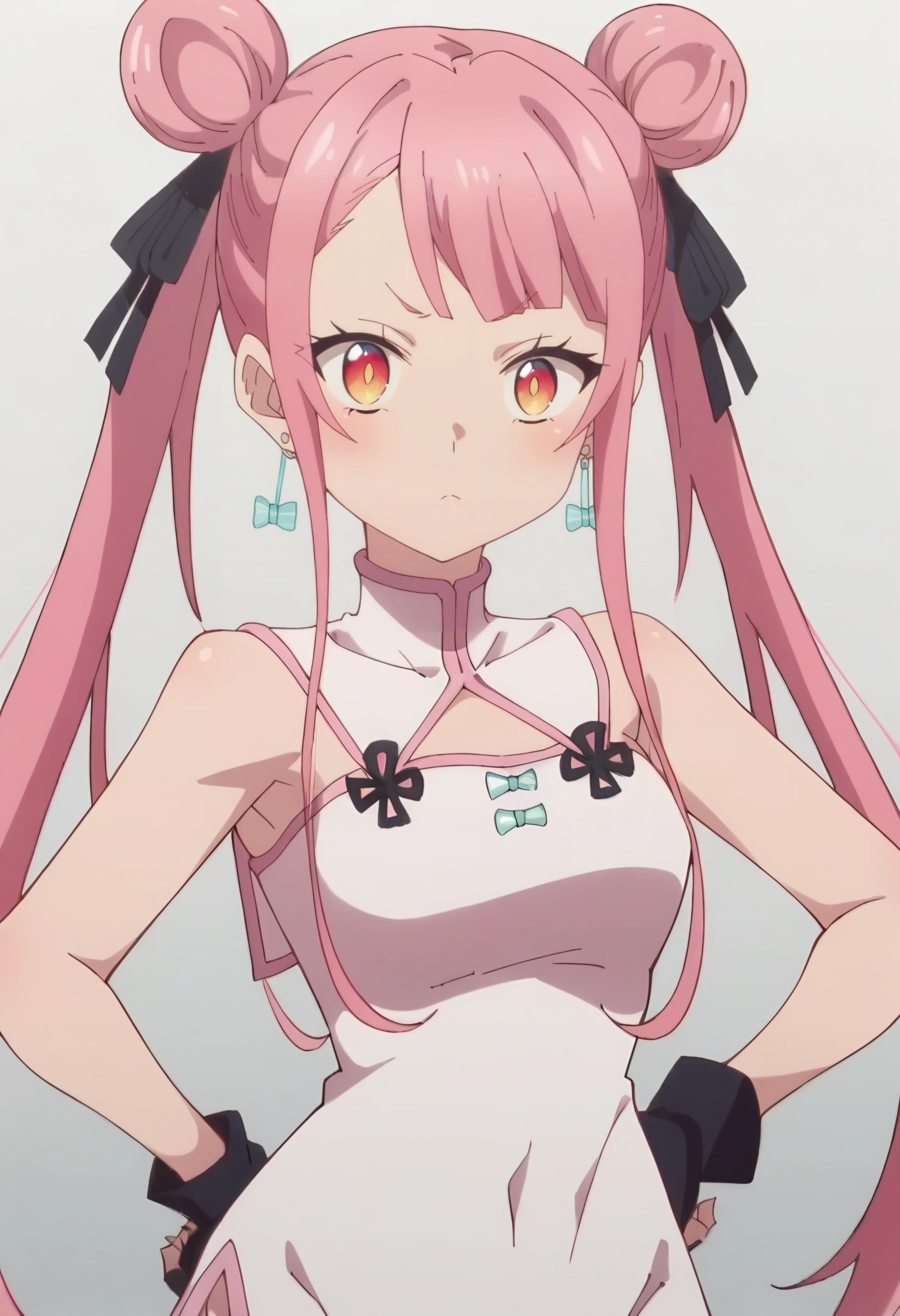 <lora:Tao:1> tao, long_hair, pink_hair, 1girl, double_bun, bangs, solo, twintails, earrings, hair_ribbon , dress, chinese_clothes,cowboy shot, looking at viewer, score_9, score_8_up, score_7_up, , anime coloring ,BREAK source_anime, anime