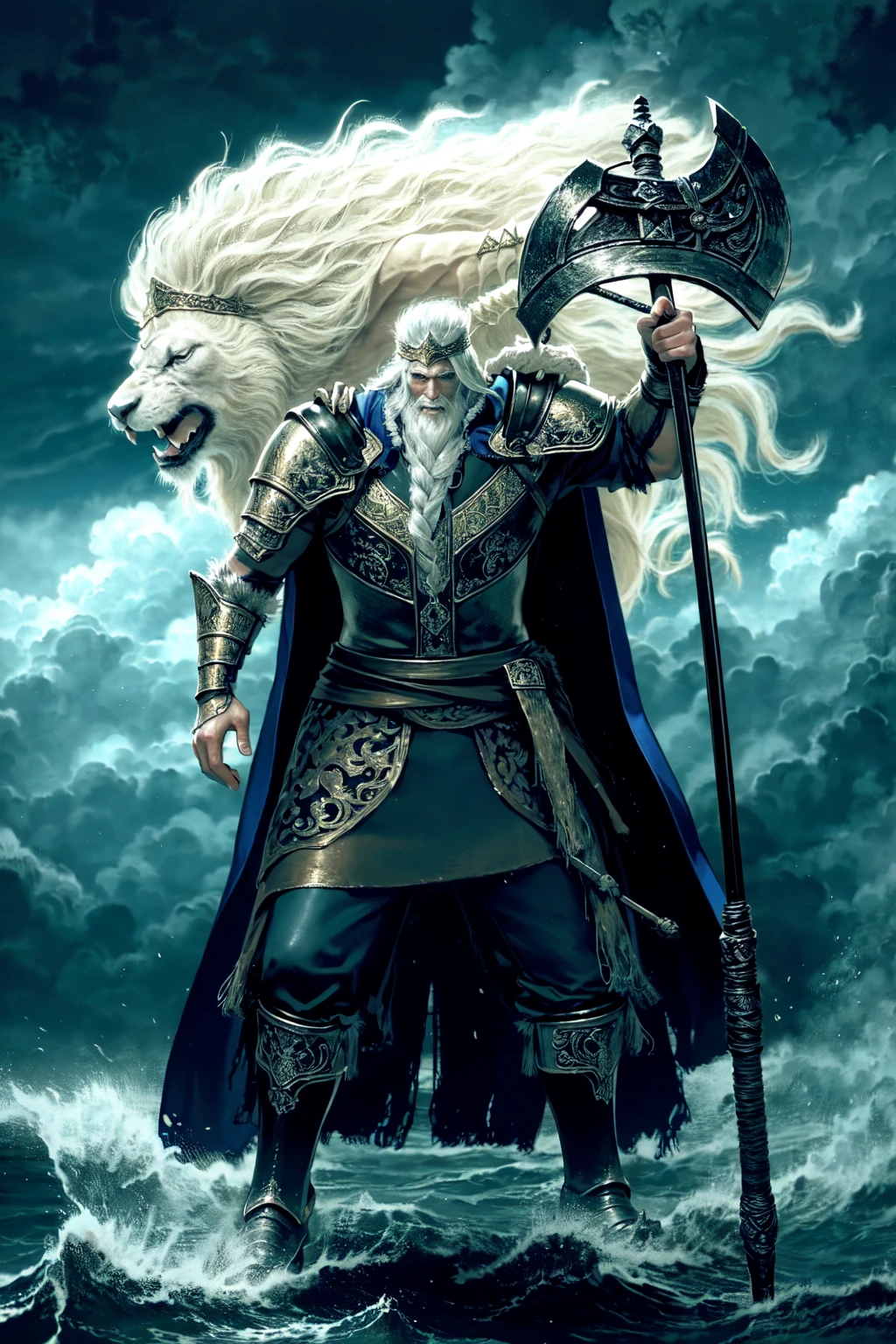 <lora:Godfrey1.0:0.85>,1boy,  lion,facial hair, white hair, long beard, crown,armor, beard, white lion, 
weapon, axe, male focus, cape, shoulder armor, pelt, cloud, long hair, boots, holding weapon, standing, pauldrons, water, sky, holding axe, old man, waving,  blue cape, looking to the side, 
blue background, from side, 
masterpiece,best quality,ultimate details,highres,8k,wallpaper,extremely clear,