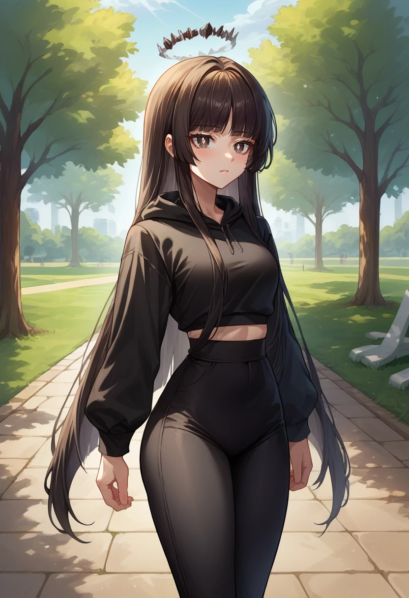 score_9, score_8_up, source_anime, 1girl, solo, VirtuosaBase, white pupils, long hair, hime cut, broken halo, outdoors, park, black hoodie, high-waist pants, yoga pants, black pants, light blush, <lora:ChamVirtuosaPonyXL-000004:1>