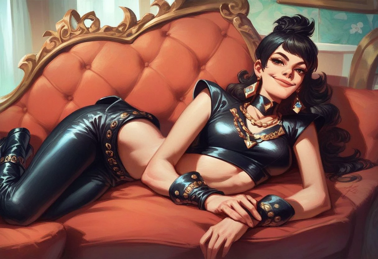 score_9_up, score_8_up, score_7_up, score_6_up, 1girl,  (Kitten_Mcgee) , jewelry, earrings, necklace, black leather crop top, boots, (painted art),, smile, lying on a red and gold sofa