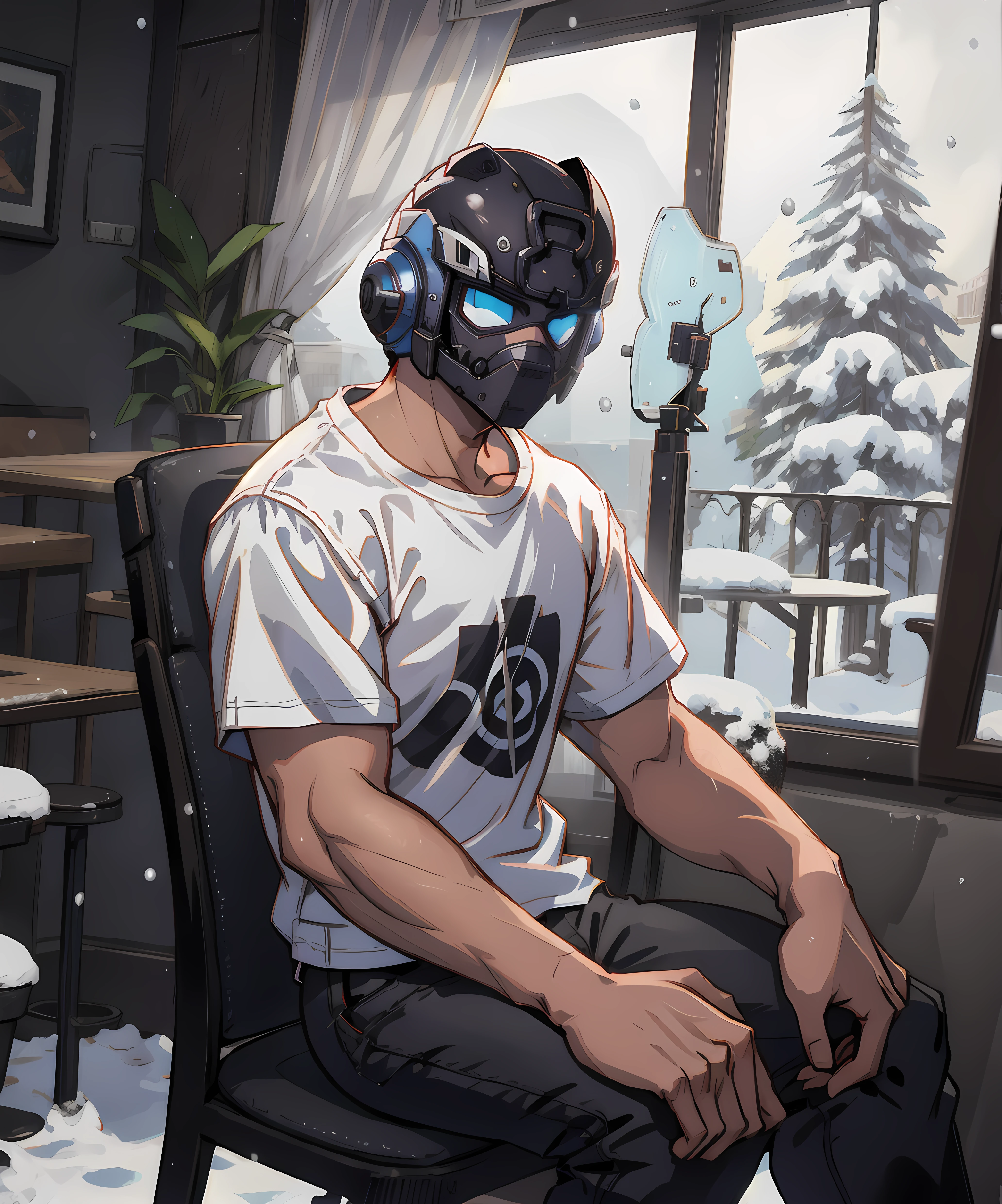 <lora:Anthony_Carmine:0.75> anthony_carmine, looking at viewer, helmet, white t-shirt, black pants, indoor, cafe, sitting on chair, coffee, window, snow, snow fog, evening