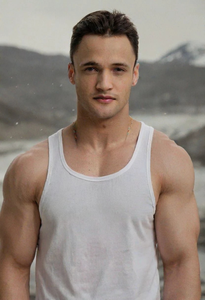 Charles Melton a man <lora:asim-riaz-Charles-Melton:1>, high quality, (wearing white tank top:1.2), alaska, snow, winter, large pectorals, ectomorph body, red, pink, blue