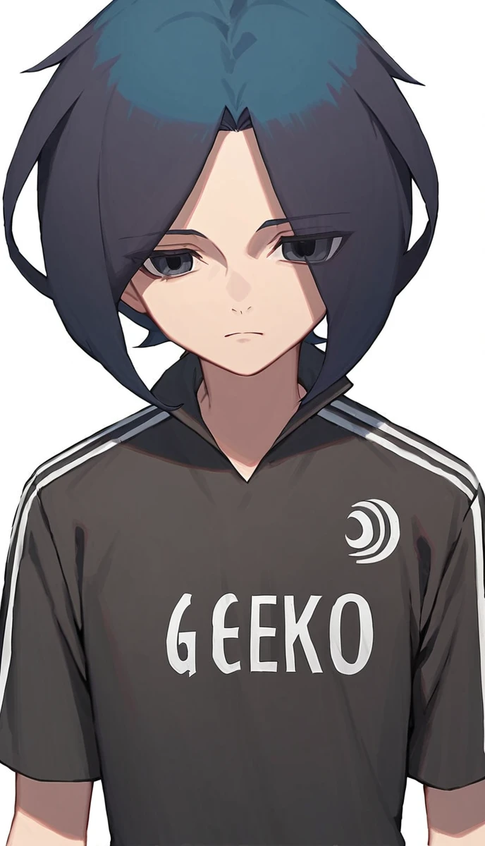 score_9, score_8_up, score_7_up, score_6_up, score_5_up, score_4_up, source_anime, 1boy, kusaka gen, blue hair, black hair, two-tone hair, grey eyes, soccer uniform, <lora:Kusaka_Gen:1>