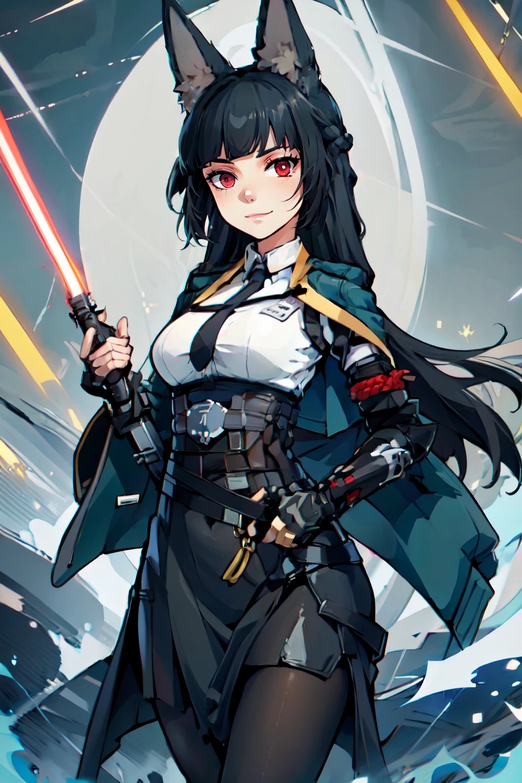 ((masterpiece,best quality)), absurdres, <lora:hoshimi_miyabi:0.8>,  curvy, medium breasts, wide hips,  <lora:LightSaber:0.8>, zzLightSaber, hoshimi miyabi, looking at viewer, large breasts, shirt, gloves, holding, closed mouth, jacket, white shirt, braid, necktie, black gloves, collared shirt, fingerless gloves,  animal ear fluff, black necktie, jacket,  black skirt, black pantyhose, solo, smile, cowboy shot, looking at viewer,