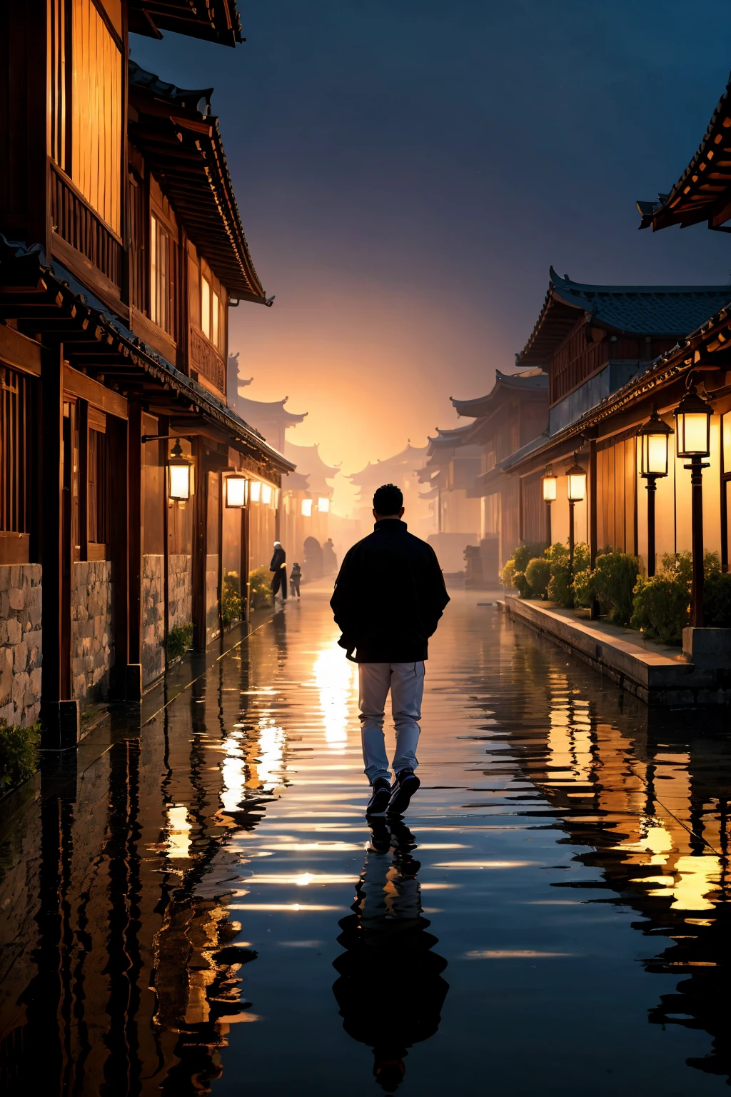 (Man in casual streetwear Walking Away:1.3), Dramatic lighting, Earthy young man, Clean style, (Back glance:1.2), Realistic skin, Casual outfit, (Reflection in water:1.2), Crowded monasteries or temples, Busy atmosphere, Rich cultural scene, Captured with a high-end Nikon D850, 24-70mm f/2.8 lens, Voluminous details, Authentic textures, Serene lighting, Vibrant composition