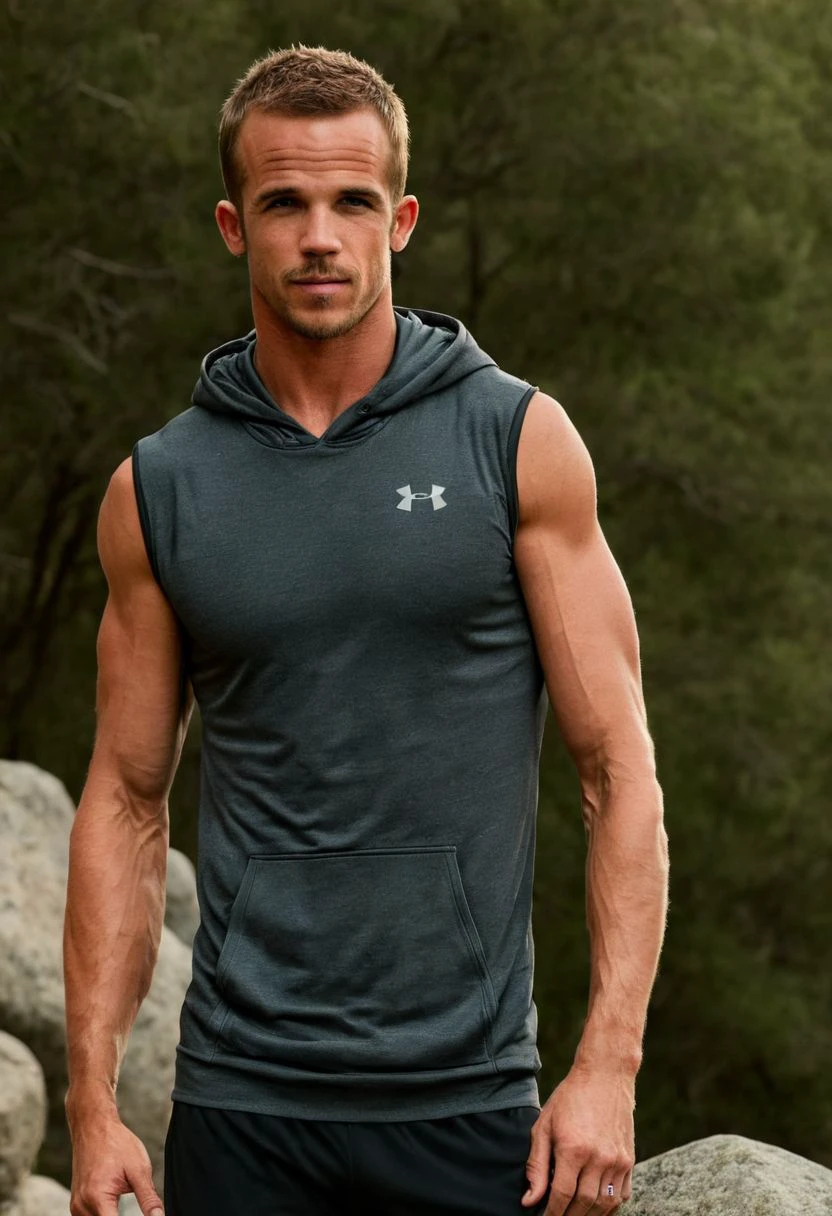 photo of Cam Gigandet a man <lora:Cam-Gigandet:0.9>, wearing a sleeveless well-fitted under armour hoodie and compression shorts, standing on a boulder, outdoor trail, 35mm photograph, film, bokeh, professional, 4k, highly detailed, creek in the background, natural lighting, golden hour