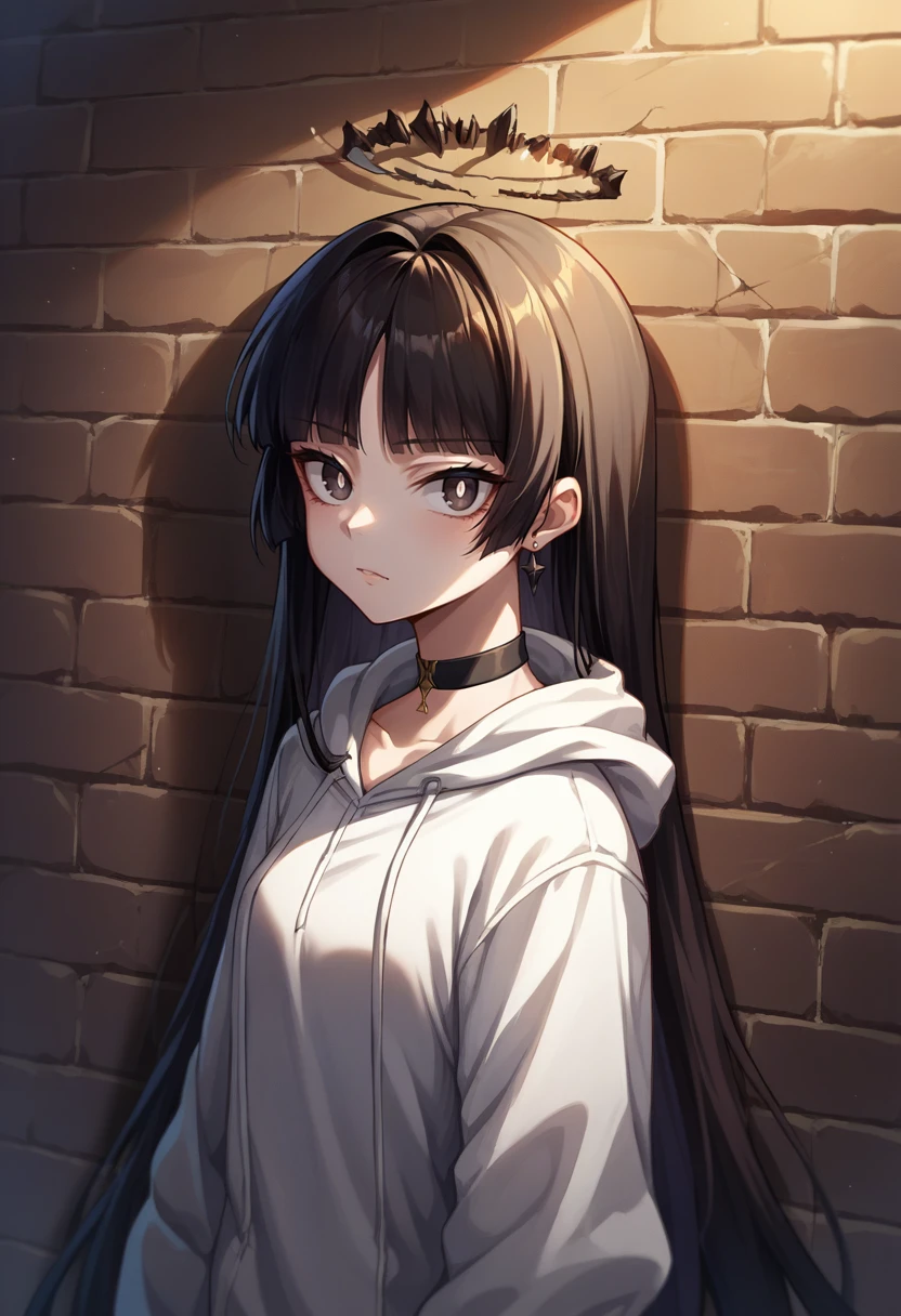 score_9, score_8_up, source_anime, 1girl, solo, VirtuosaBase, white pupils, long hair, hime cut, broken halo, earrings, sharp eyes, choker, white hoodie, night, against wall, brick wall, graffiti, dim lighting, alley, looking at viewer, <lora:ChamVirtuosaPonyXL-000004:1>