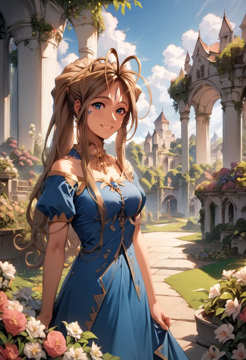 score_9, score_8_up, score_7_up, Belldandy, smile, blue dress, jewelry, cowboy shot, garden, outdoors, mansion, flowers, sky,  (high resolution), ((masterpiece)), (highest quality), 4k wallpaper, detailed face, detailed eyes, beautiful eyes, delicate features, anime style