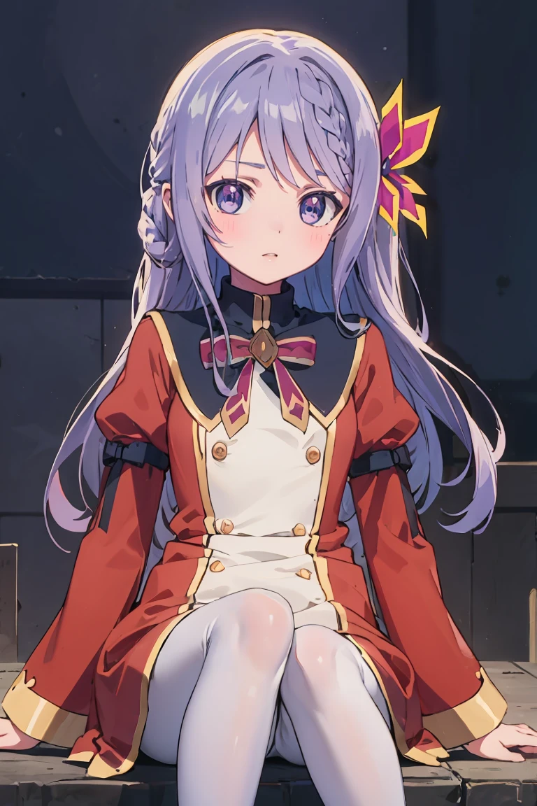 masterpiece, best quality, ultra-detailed, glistening shiny, glowing light, ray tracing, HDR, deph of field, (perfect face, detailed face), <lora:FloraBeltrum:0.9>, florabeltrum, long hair, crown braid, butterfly hair ornament, school uniform, red dress, black collar, puffy sleeves, long sleeves, red bowtie, white pantyhose