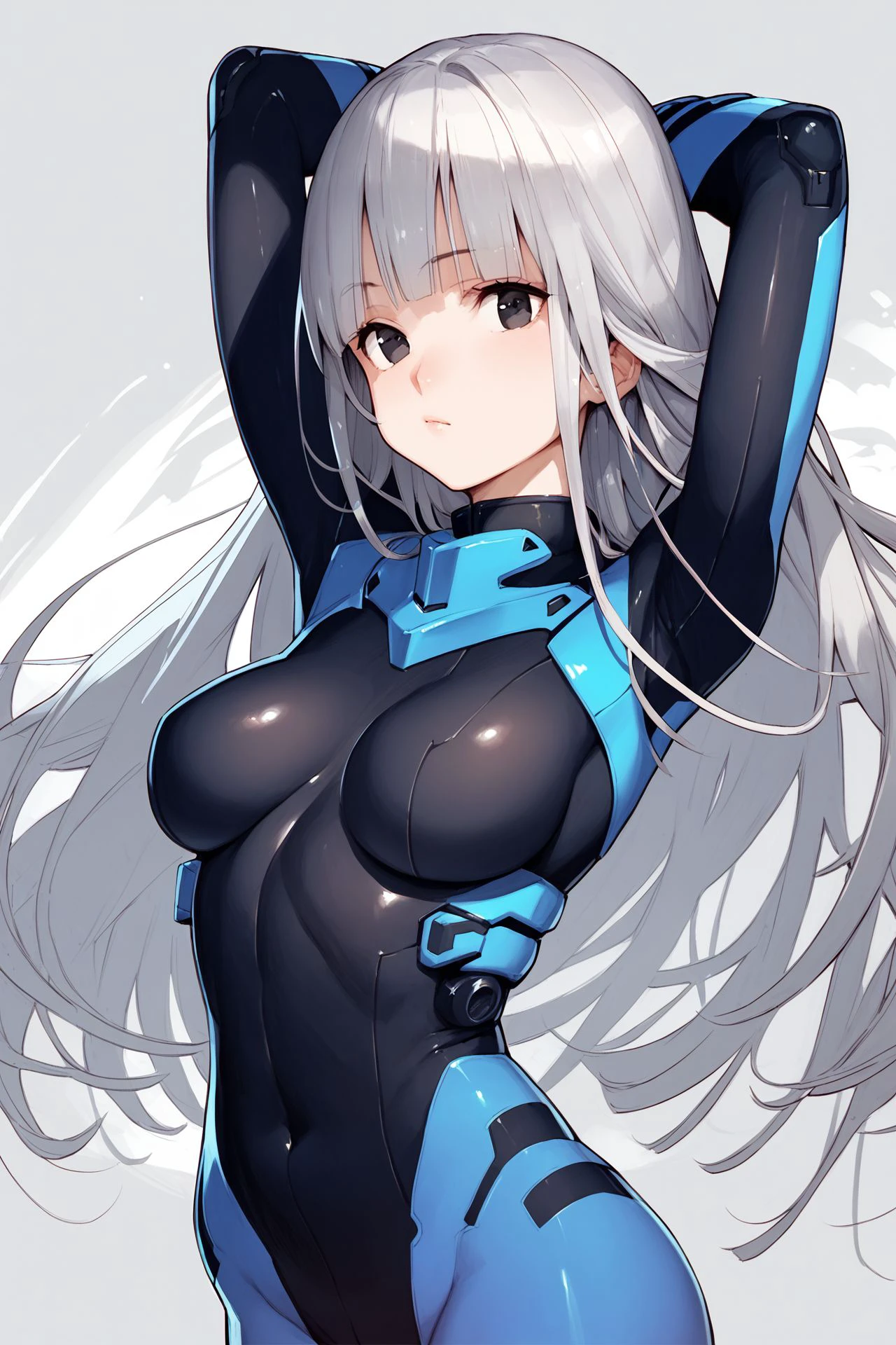 score_9, score_8_up, score_7_up, 1girl, puzzled, hands_behind_head, dark_grey hair, round_fringe, very_long_hair, black eyes, breasts, plugsuit, beautiful background <lora:Haruno_Shuu_PonyXL_style_v01:1>