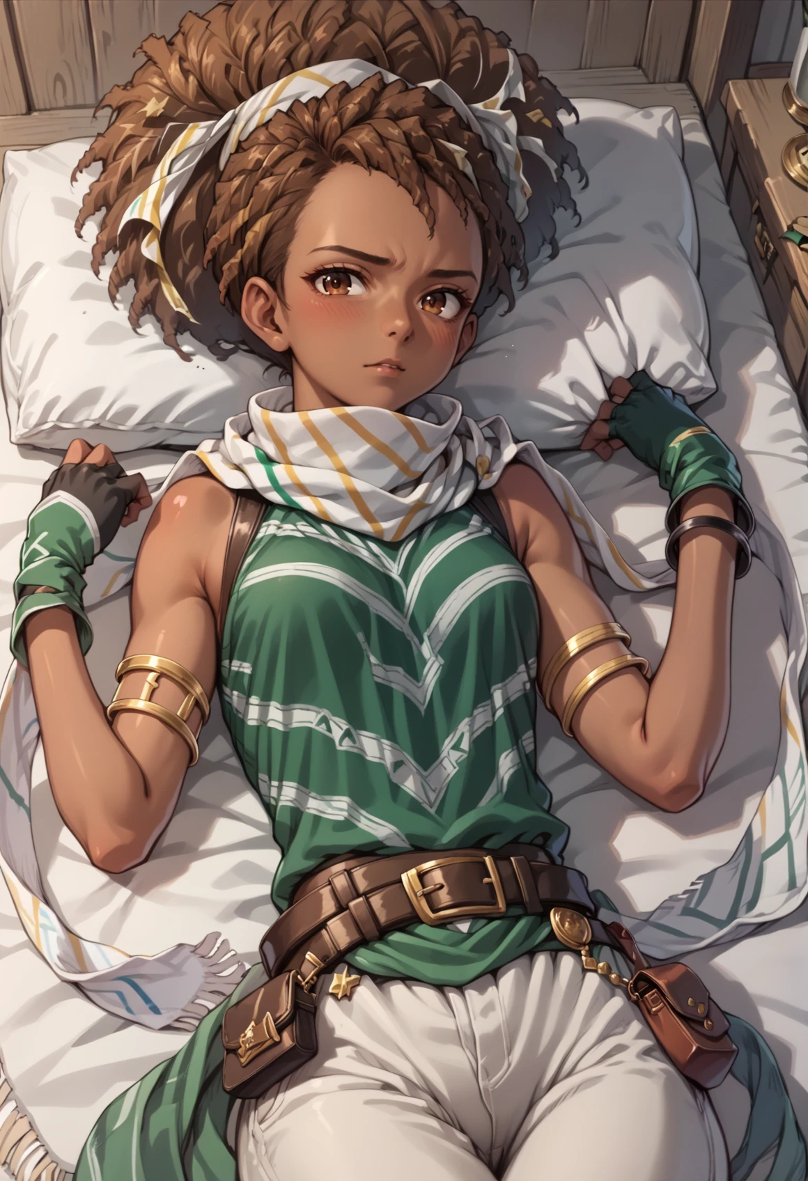 1girl, very dark skin, brown hair, dreadlocks, brown eyes, fingerless gloves, scarf, jewelry, pants, anklet, armlet, pouch, belt, looking at viewer, laying, on back, indoors, medieval inn, aroused, blushing, from side <lora:Marisa_Eiyuden_Chronicle_XL_r1:1>, score_9, score_8_up, score_7_up, score_6_up, score_5_up, score_4_up, BREAK source_anime, masterpiece