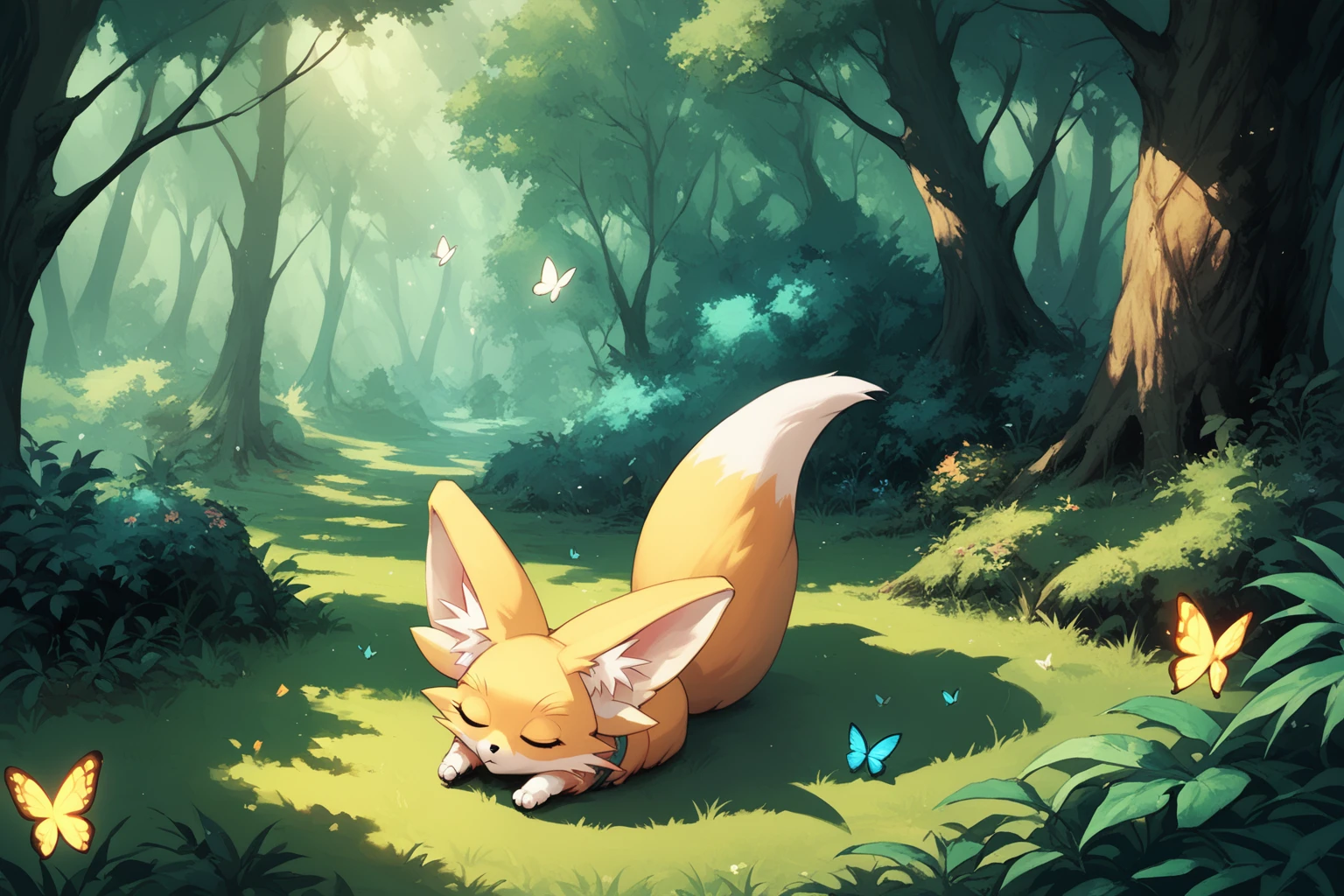 score_9, score_8_up, score_7_up, masterpiece, high quality
 <lora:GoldiePonyLora:1> pokemon (creature), no humans, animal, fox,  sleeping on a heap of leaves in a forest, sundown, butterflies
<lora:Blade&SoulPonyLyco:1> bns