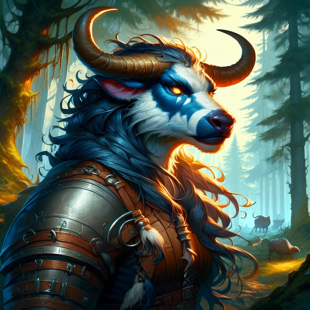 score_9, score_8_up, score_7_up, a tauren shaman, leather clothing, detailed forest background, forest path, realistic concept art,