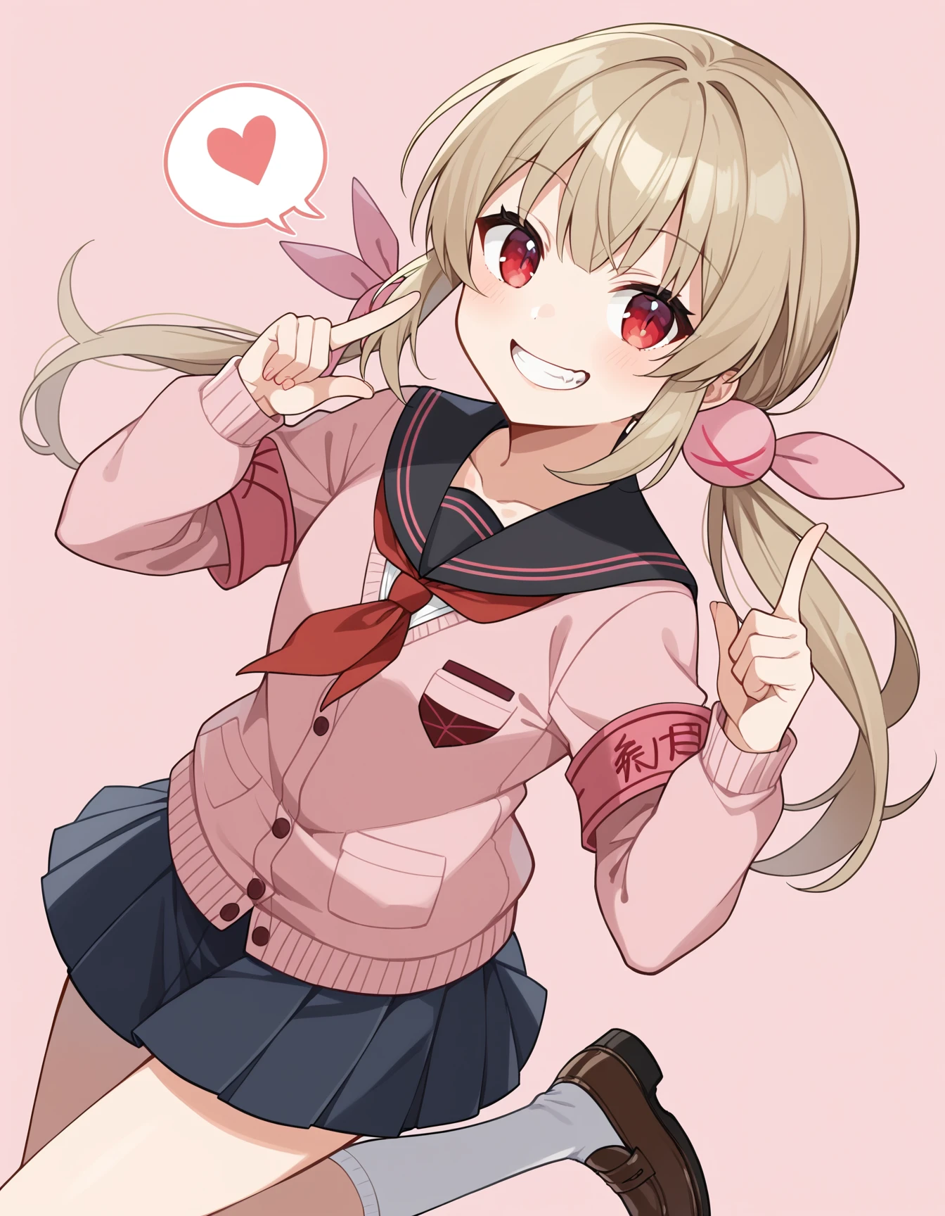 score_9, score_8_up, score_7_up, source_anime, rating_safe, BREAK <lora:sanaNatoriXL_LoRA-C3Lier_AdamW_Dim16_Alpha16_UN-3e-4_TE-1.5e-4_10batch_ponyDiffusionV6XL_v6StartWithThisOne:1>, natori sana, 1girl, virtual youtuber, red eyes, light brown hair, long hair, twintails, low twintails, hair ornament, pink cardigan, black sailor collar, red neckerchief, pleated skirt, black skirt, armband, white socks, long sleeves, loafers, jitome, grin, eye focus, looking at viewer, finger gun, index finger raised, hands up, dutch angle, floating hair, floating, spoken heart, pink background