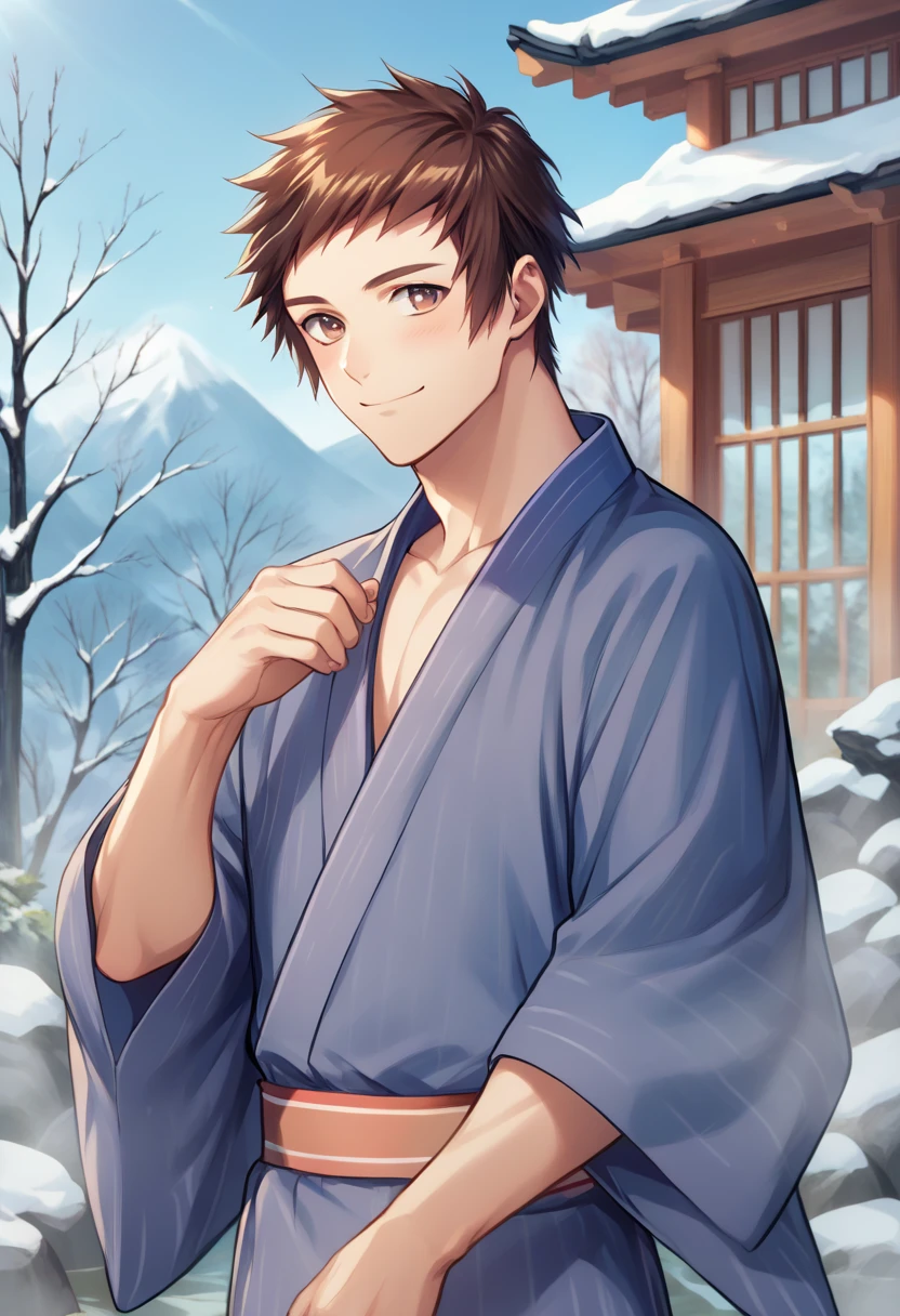 score_9, score_8_up, score_7_up, masterpiece, best quality, amazing quality, best aesthetic, ,absurdres, ((source_anime)), cute, shingo_onsen, brown hair, brown eyes, japanese clothes, blue kimono, 1boy<lora:EMS-369420-EMS:1.000000>