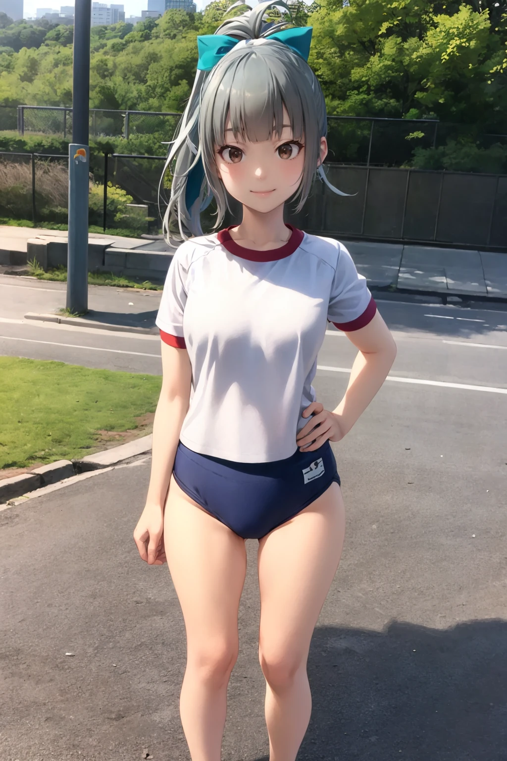 masterpiece, best quality,
1girl, yuubari \(kancolle\), grey hair, ponytail, bangs, brown eyes, hair bow,
gym uniform, white shirt, buruma, no socks, red sneakers,
hands on hips, smile, standing, solo, looking at viewer, outdoors, park background <lora:Yuubari:1>